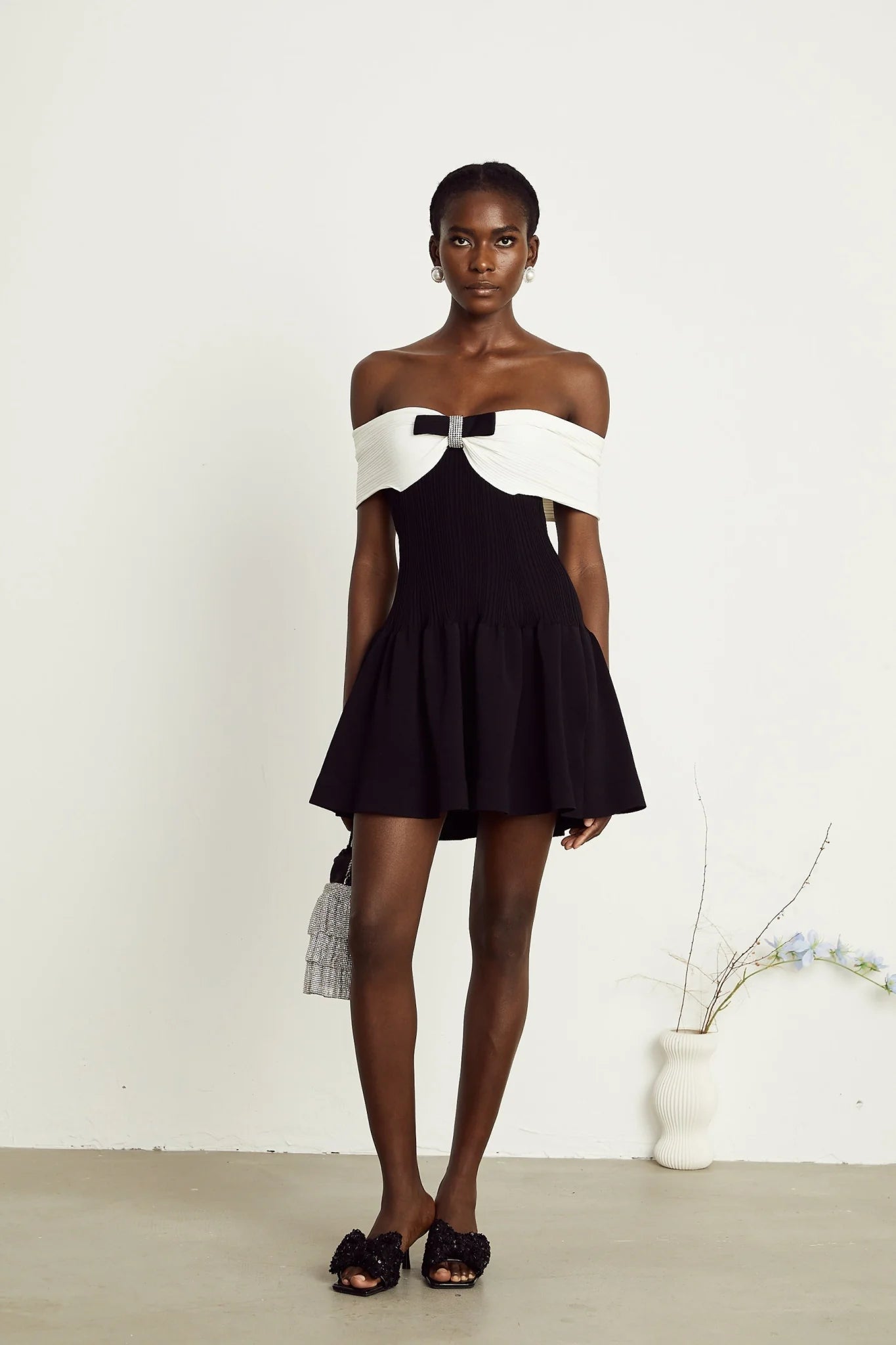 Miracle Mini Dress Crystal Bow Off Shoulder Black White Thigh