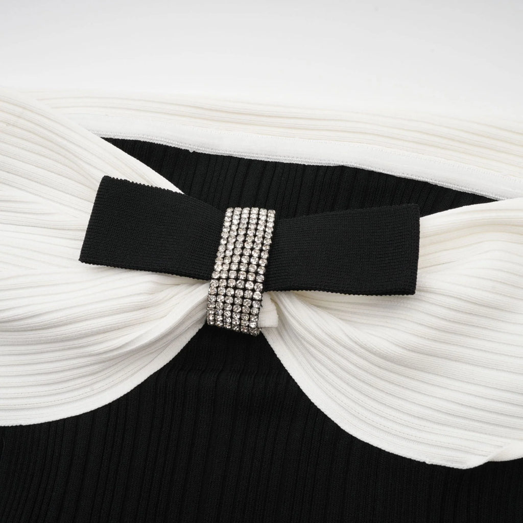 Miracle Mini Dress Crystal Bow Off Shoulder Black White Thigh