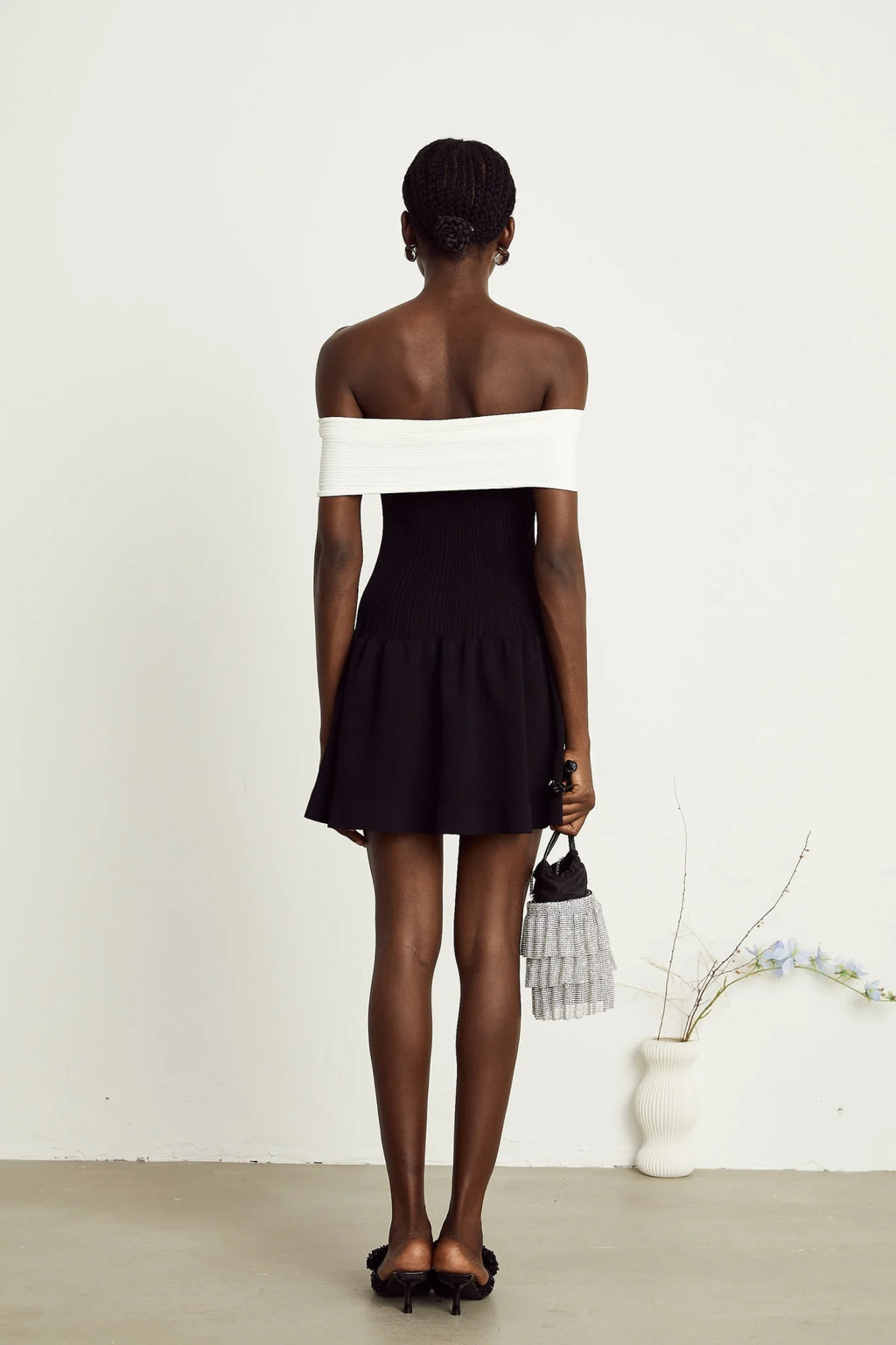 Miracle Mini Dress Crystal Bow Off Shoulder Black White Thigh