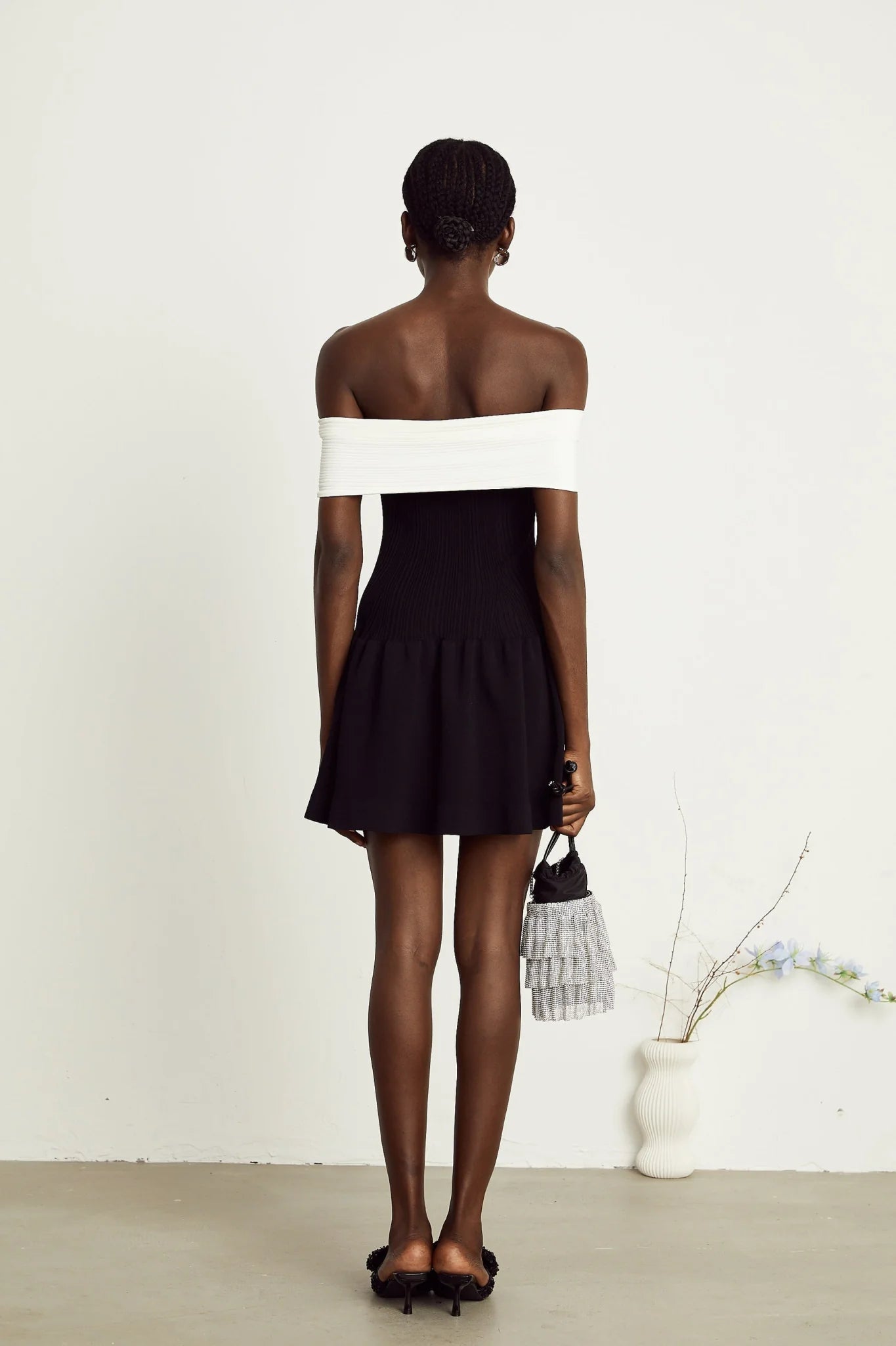 Miracle Mini Dress Crystal Bow Off Shoulder Black White Thigh