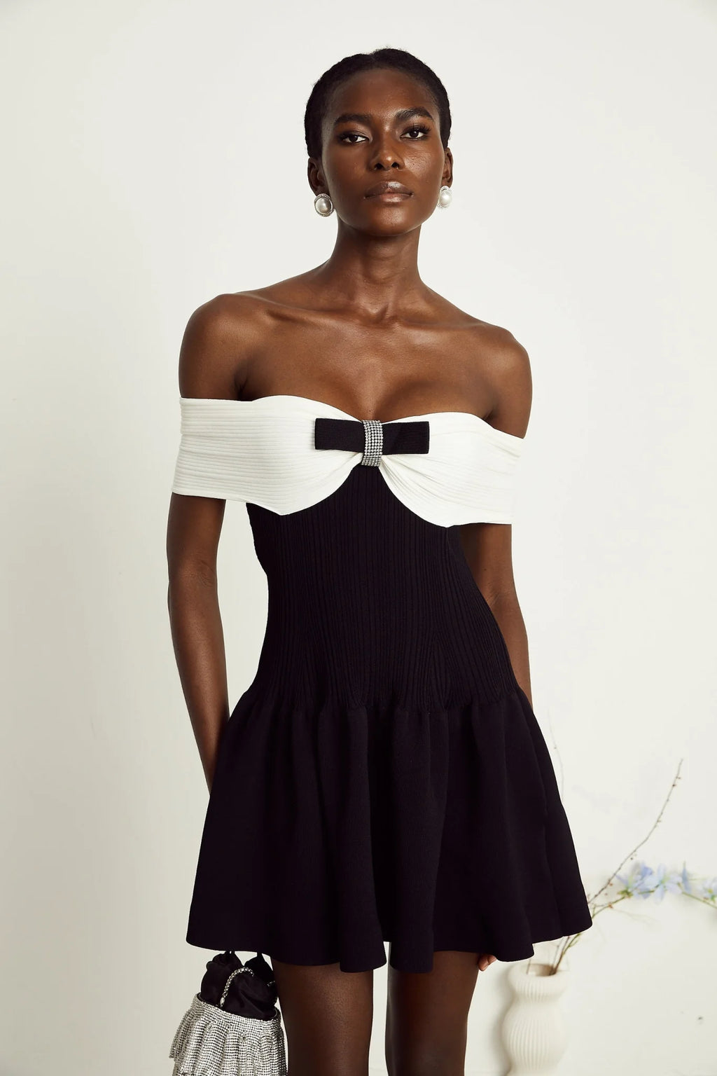 Miracle Mini Dress Crystal Bow Off Shoulder Black White Thigh