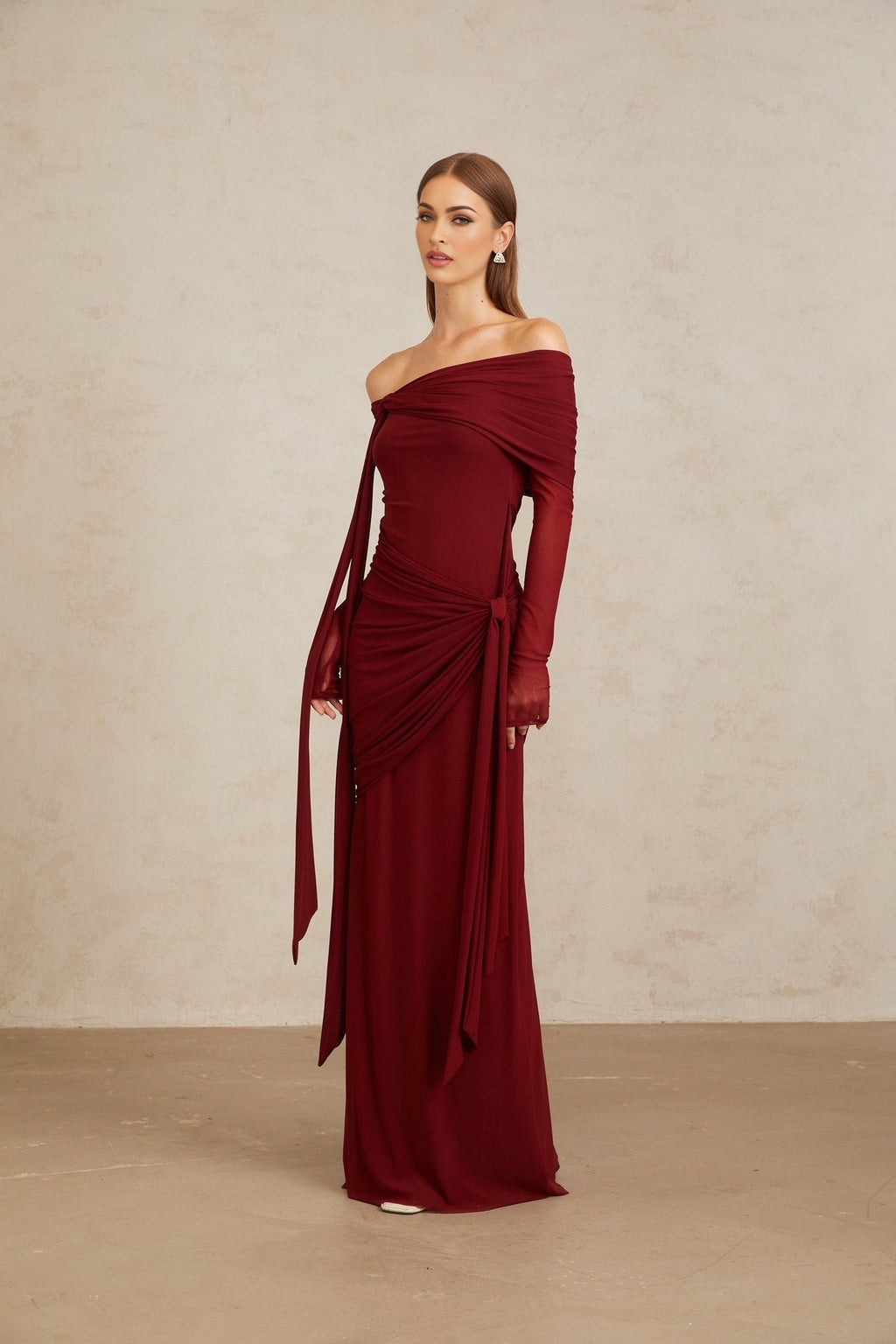 Miranda Gown - Off The Shoulder - Long Sleeves - Front Tie - Pleated & Draped Detailing - Asymmetrical - Slip - On Style