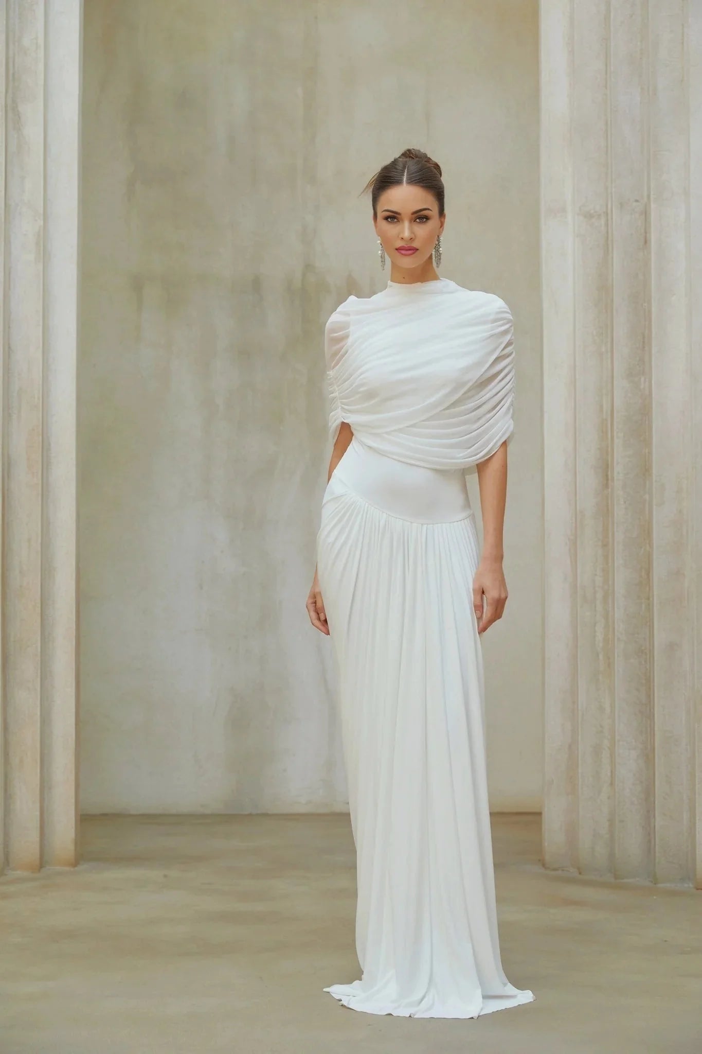 Miranda Maxi Dress White Asymmetrical Pleated Mesh Shawl Draped Floor Length