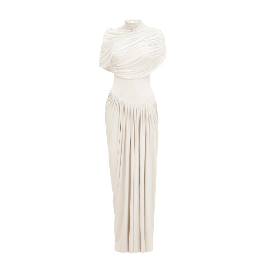 Miranda Maxi Dress White Asymmetrical Pleated Mesh Shawl Draped Floor Length