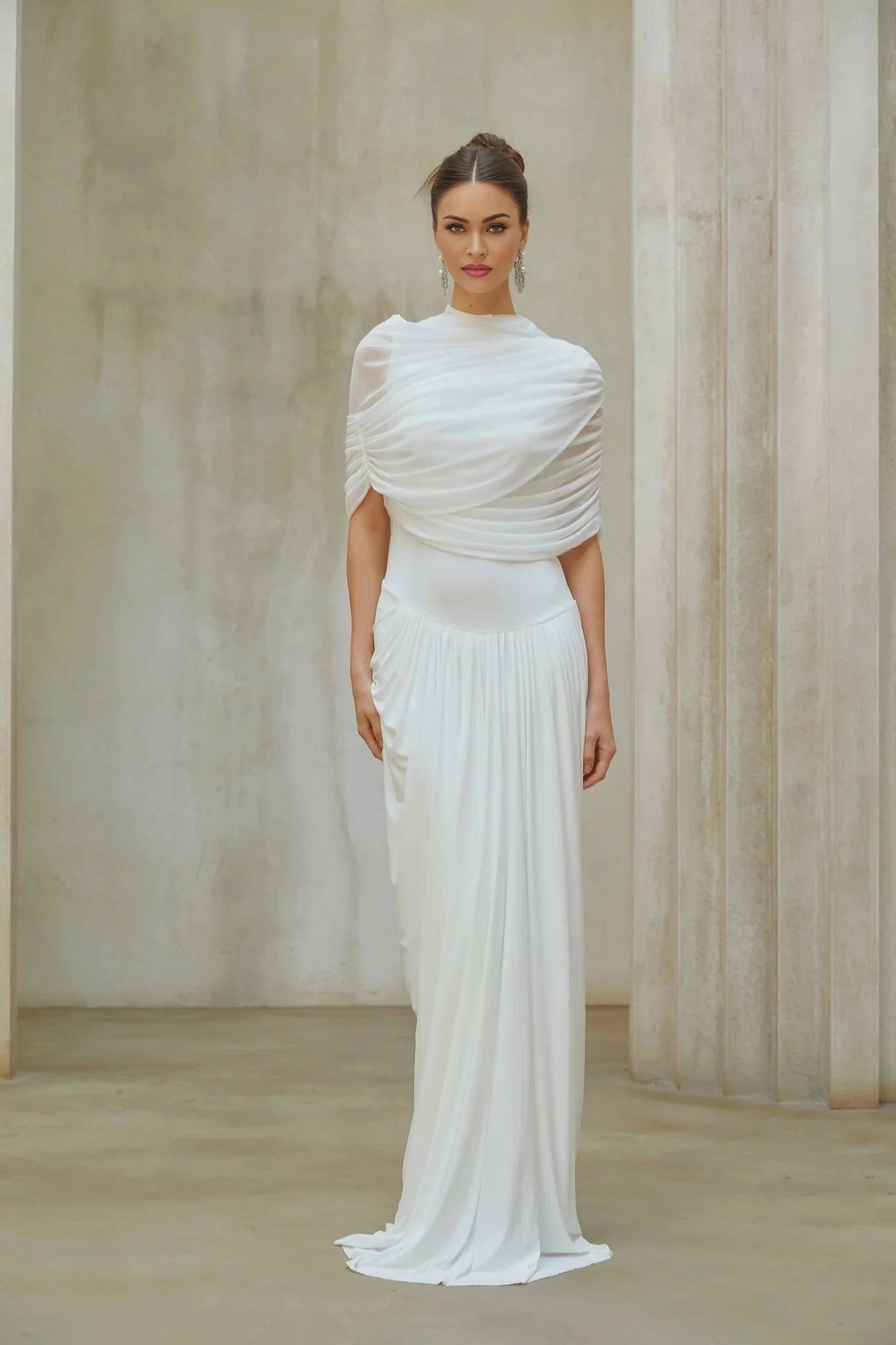 Miranda Maxi Dress White Asymmetrical Pleated Mesh Shawl Draped Floor Length