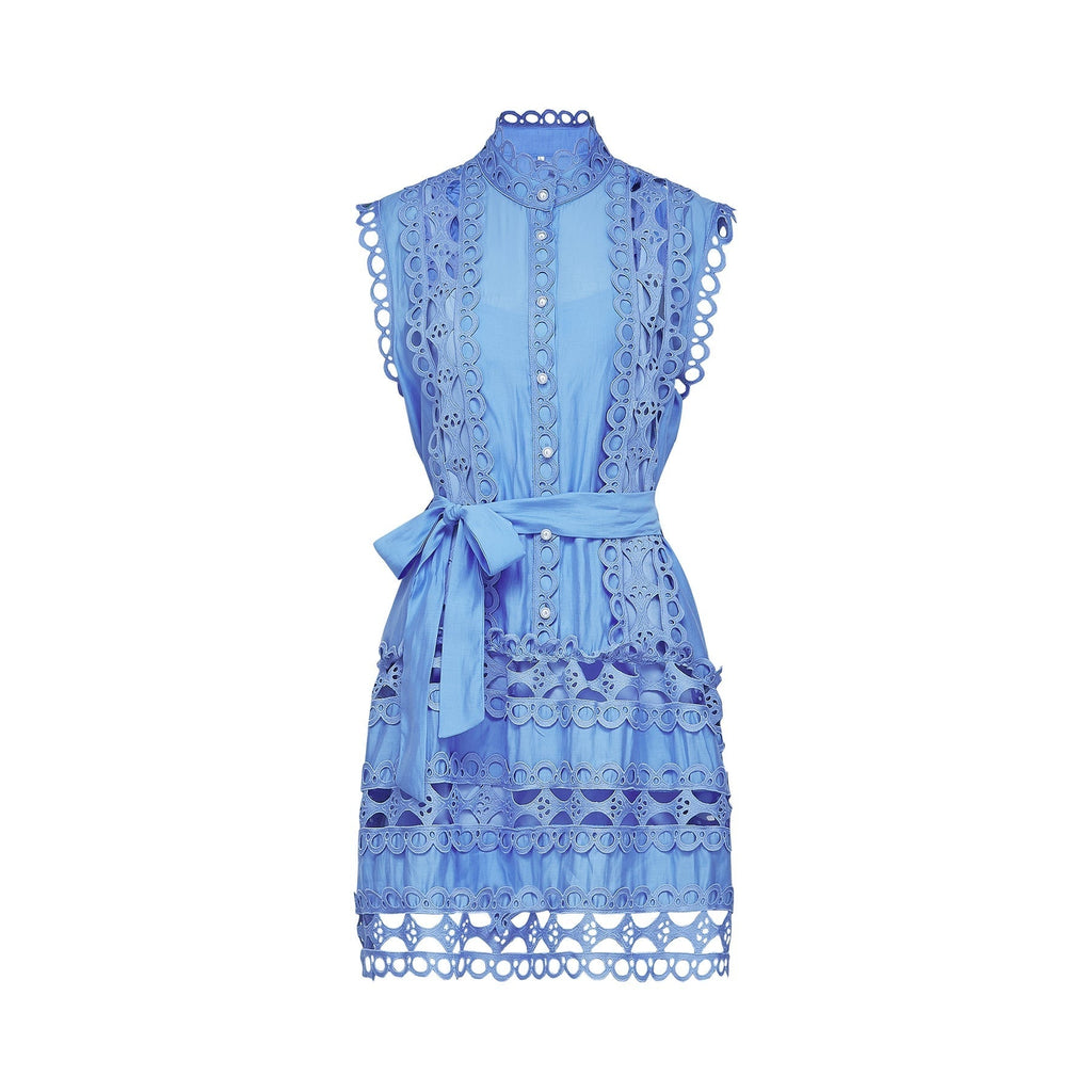 Mireille Blue Sleeveless Mini Dress With Lace Cut - Outs and Belted Waist