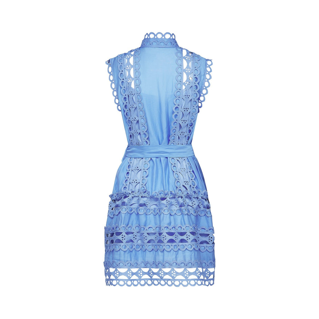 Mireille Blue Sleeveless Mini Dress With Lace Cut - Outs and Belted Waist