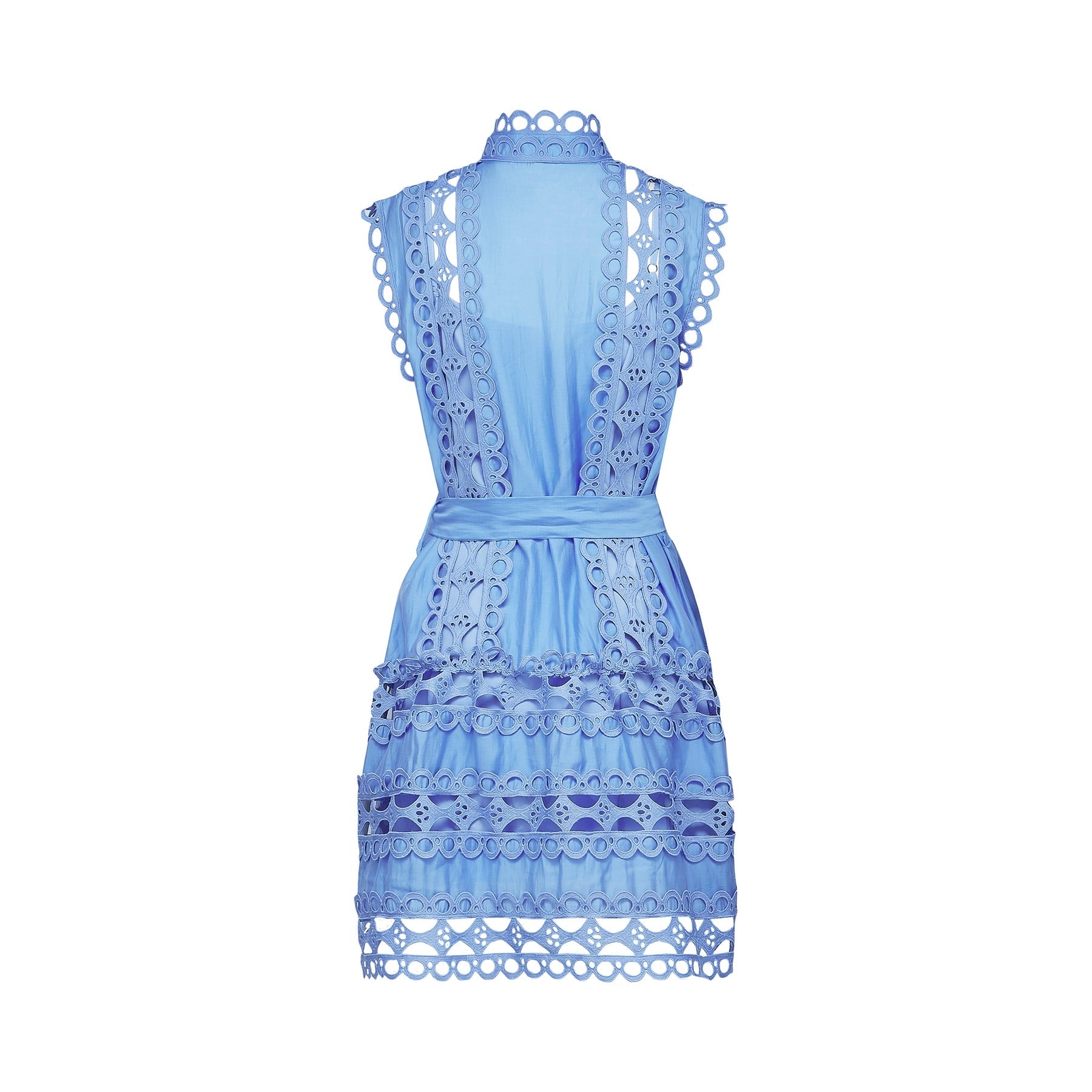 Mireille Blue Sleeveless Mini Dress With Lace Cut - Outs and Belted Waist