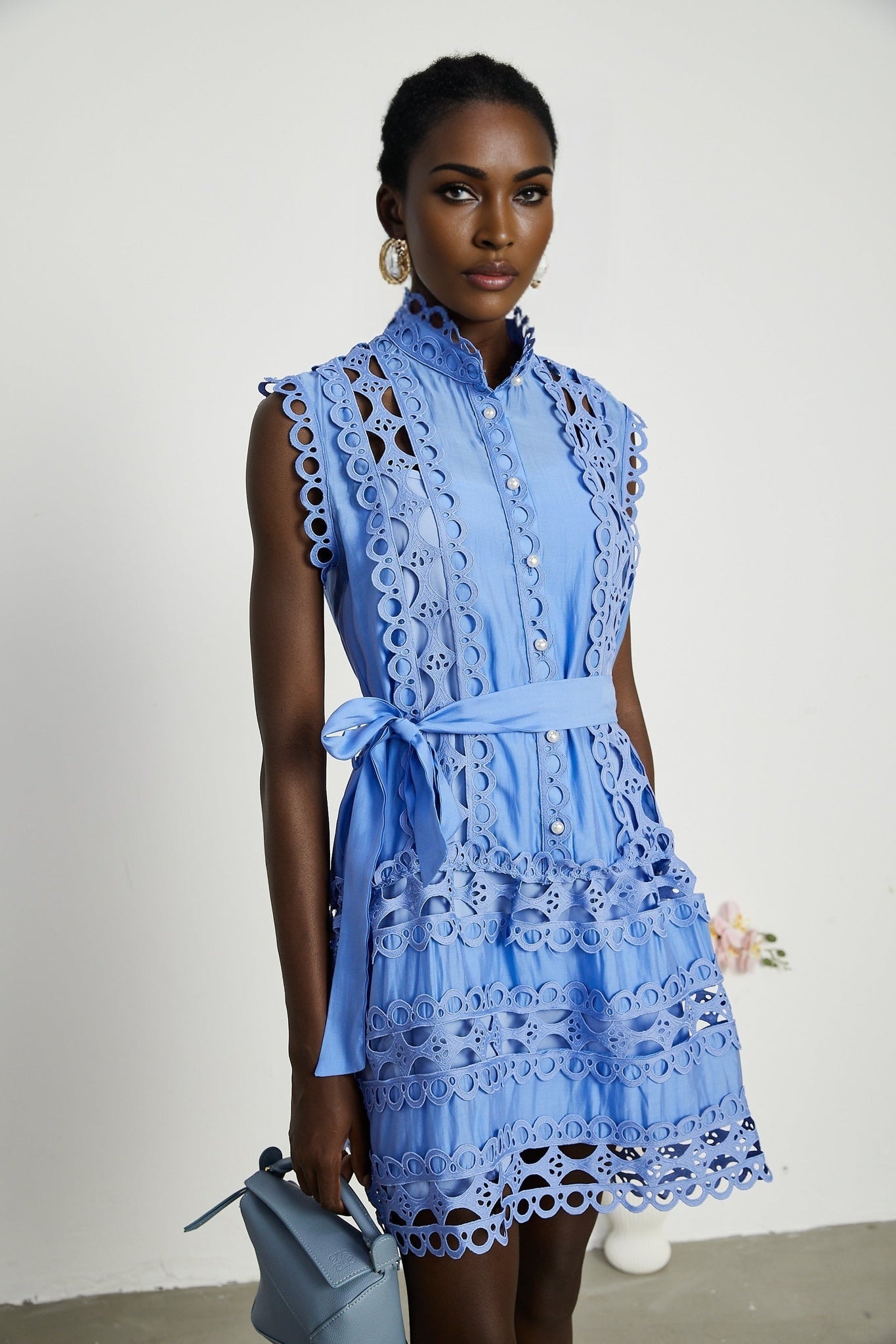 Mireille Blue Sleeveless Mini Dress With Lace Cut - Outs and Belted Waist
