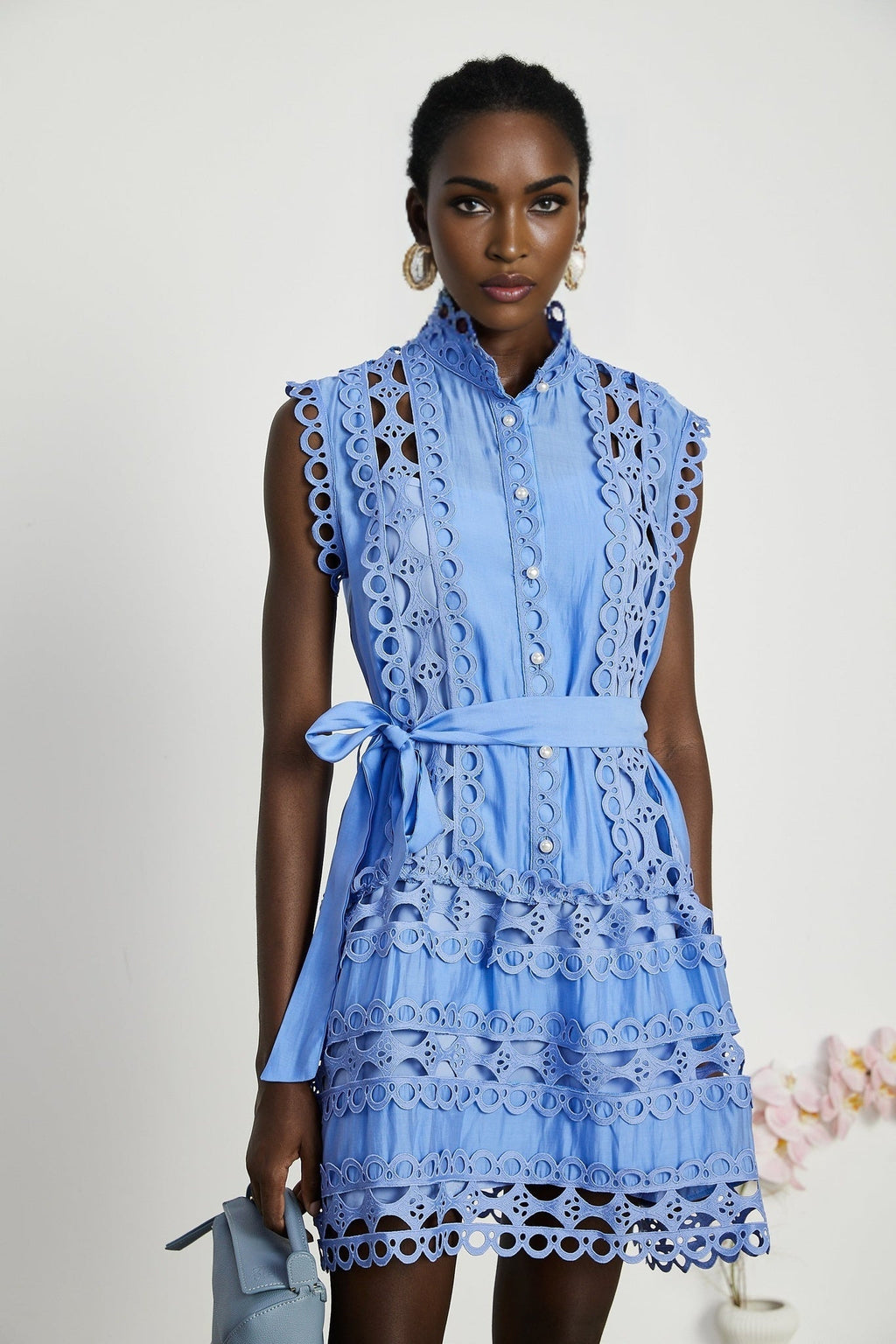 Mireille Blue Sleeveless Mini Dress With Lace Cut - Outs and Belted Waist
