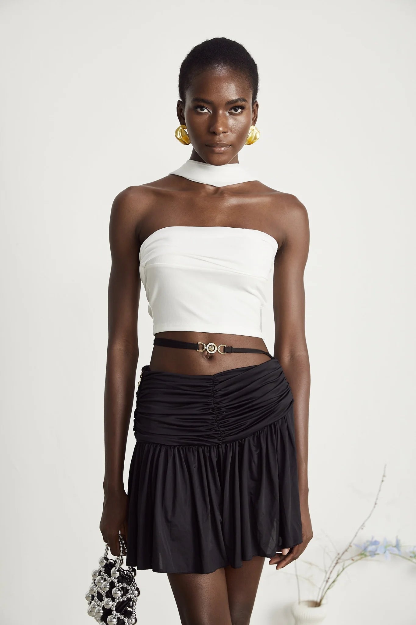 Mirella Corset Top White Off Shoulder Pleat Scarf Cropped