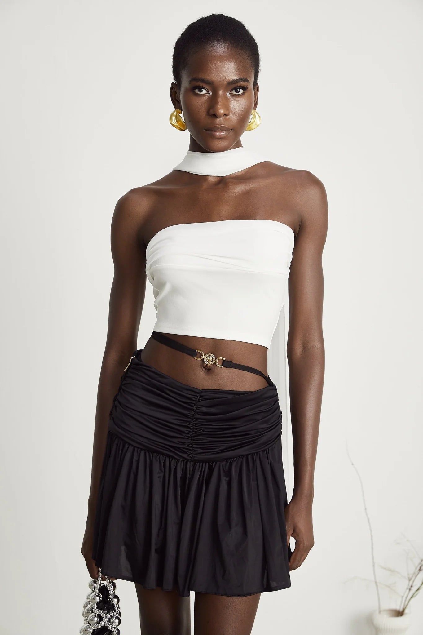 Mirella Corset Top White Off Shoulder Pleat Scarf Cropped