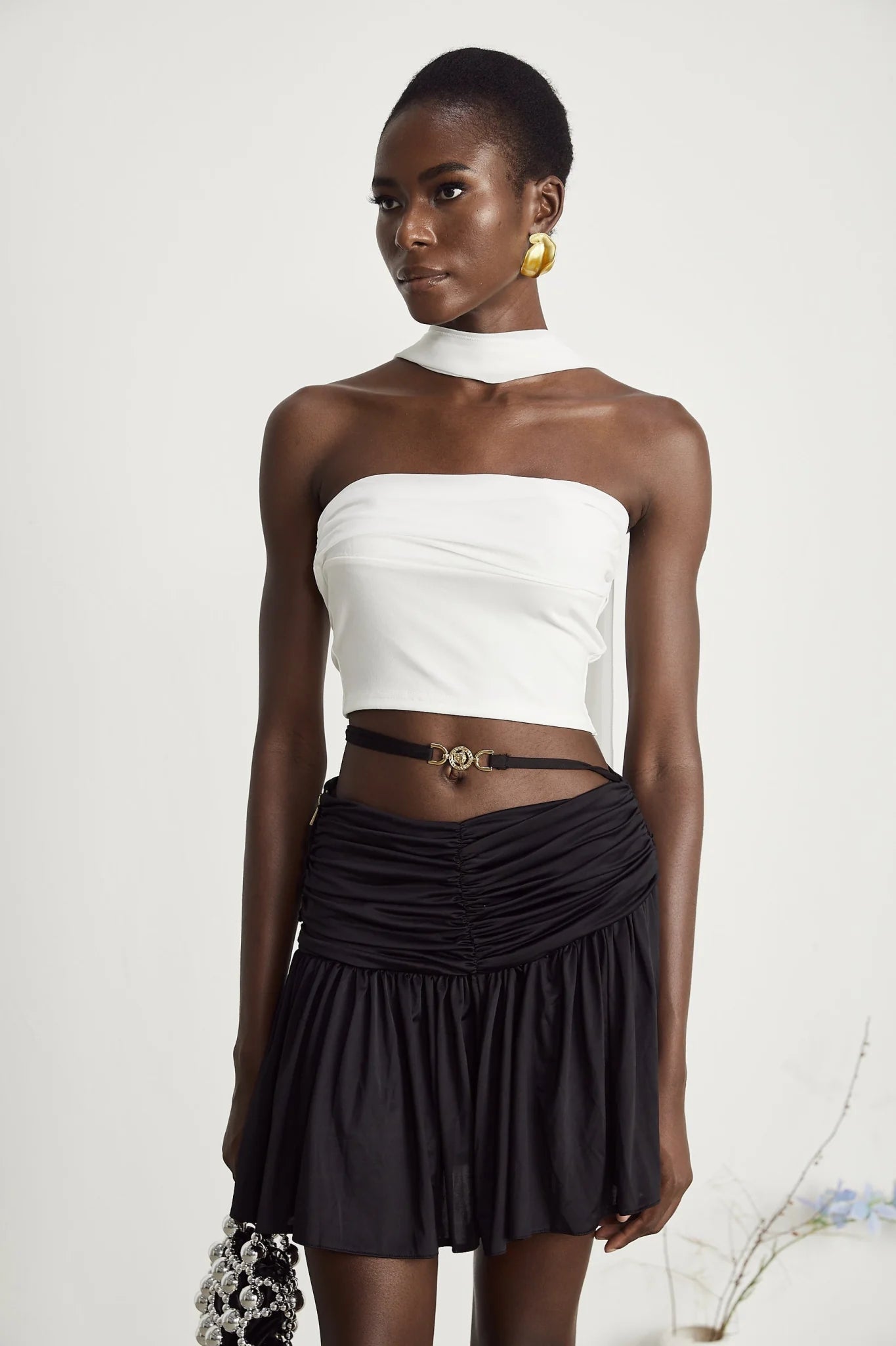 Mirella Corset Top White Off Shoulder Pleat Scarf Cropped