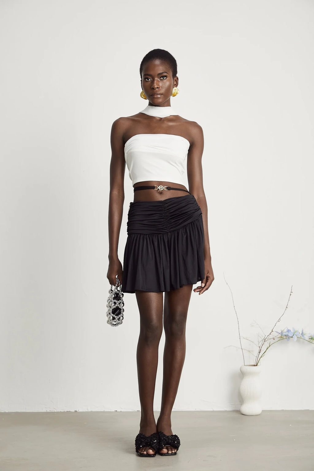 Mirella Corset Top White Off Shoulder Pleat Scarf Cropped