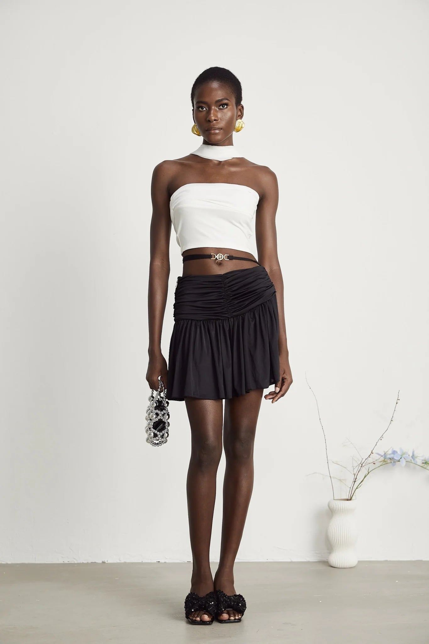 Mirella Corset Top White Off Shoulder Pleat Scarf Cropped