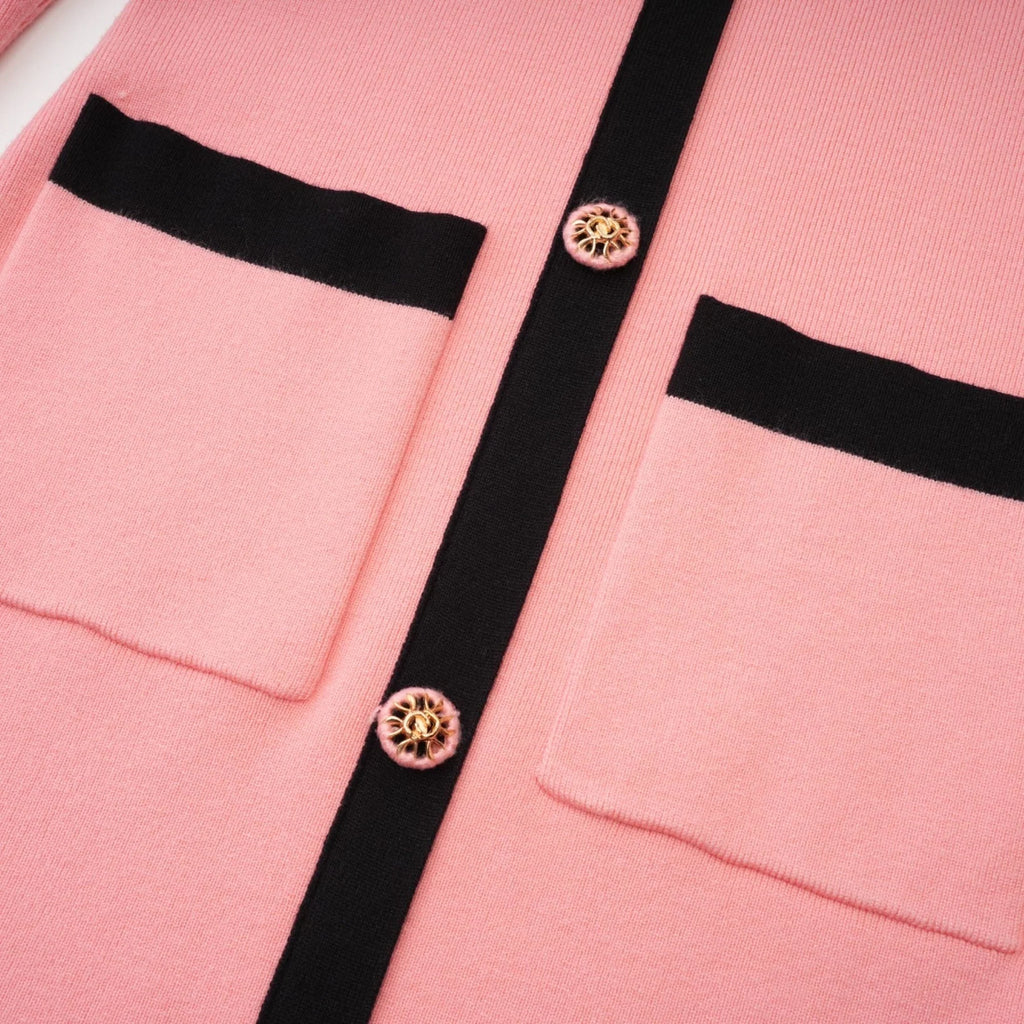 Mirella Long Sleeved Dress Pink & Black Lapel V - Neck Fitted Thigh