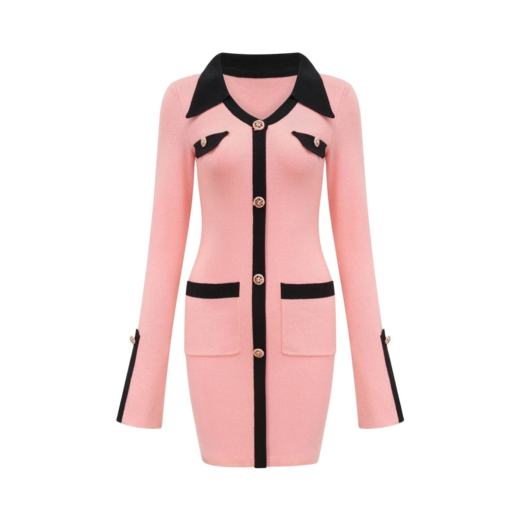 Mirella Long Sleeved Dress Pink & Black Lapel V - Neck Fitted Thigh