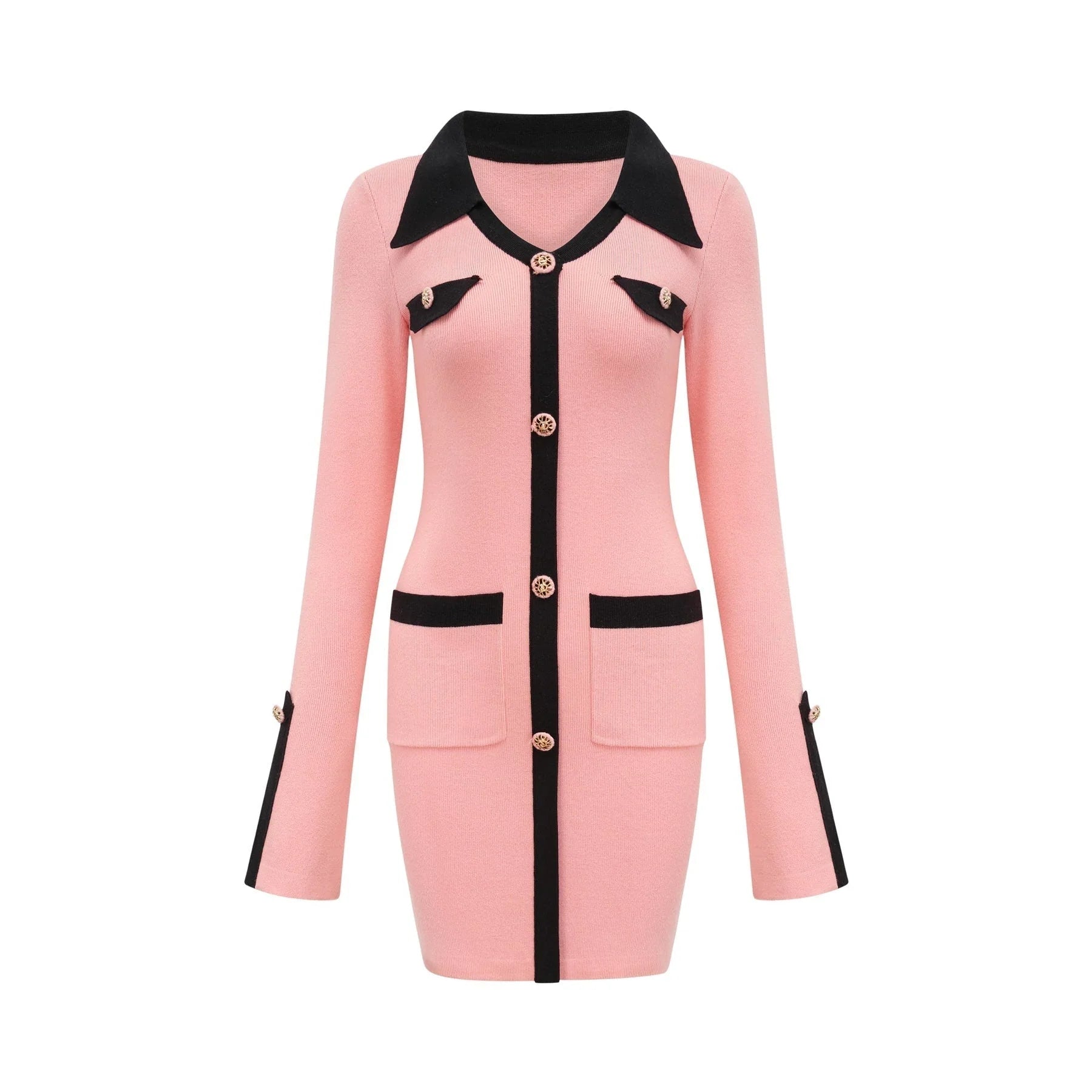 Mirella Long Sleeved Dress Pink & Black Lapel V - Neck Fitted Thigh