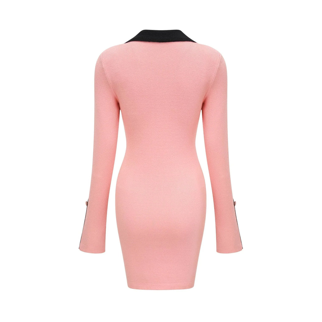 Mirella Long Sleeved Dress Pink & Black Lapel V - Neck Fitted Thigh