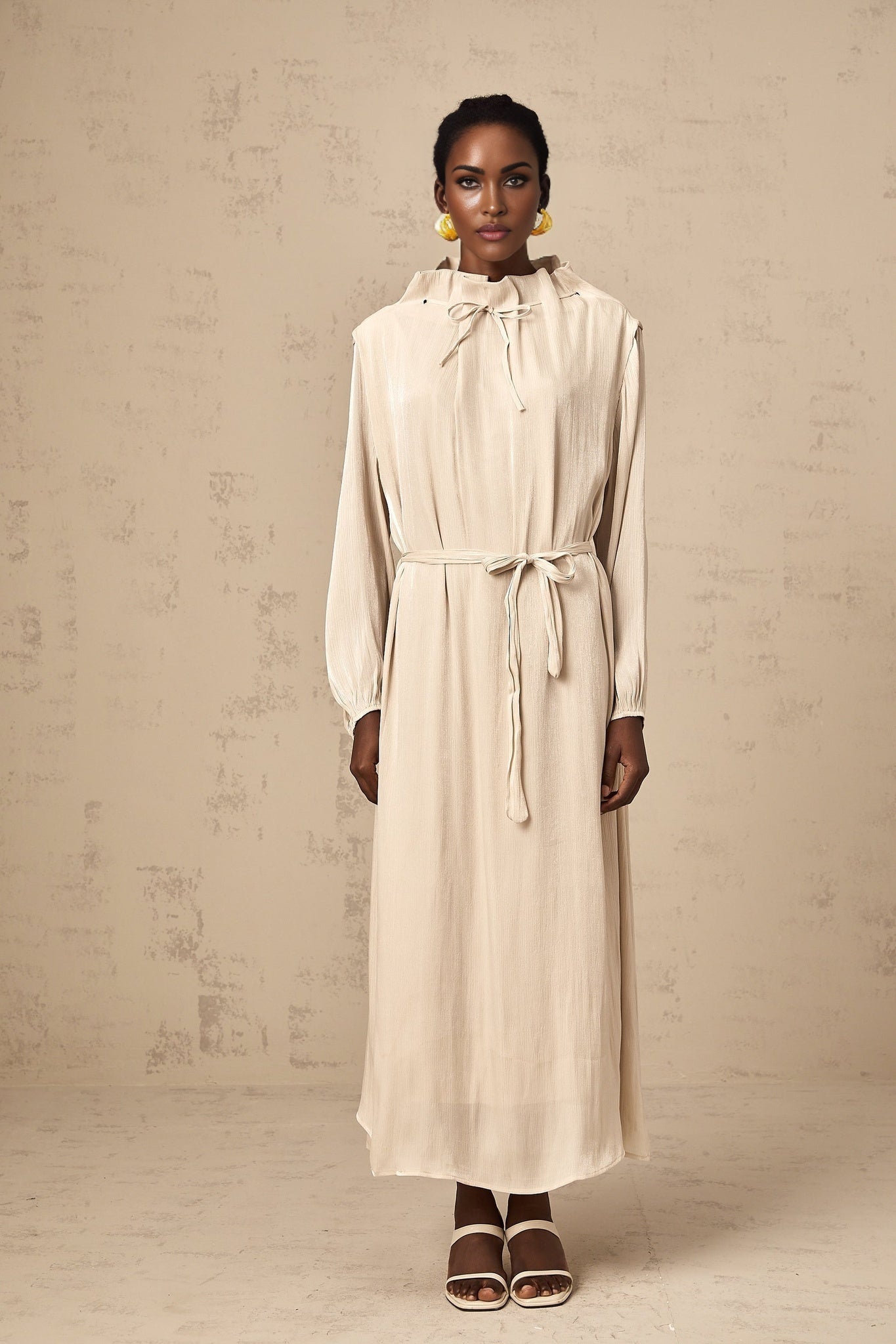 Mirella Midi Dress with Mock Neck and Ruffled Detailing