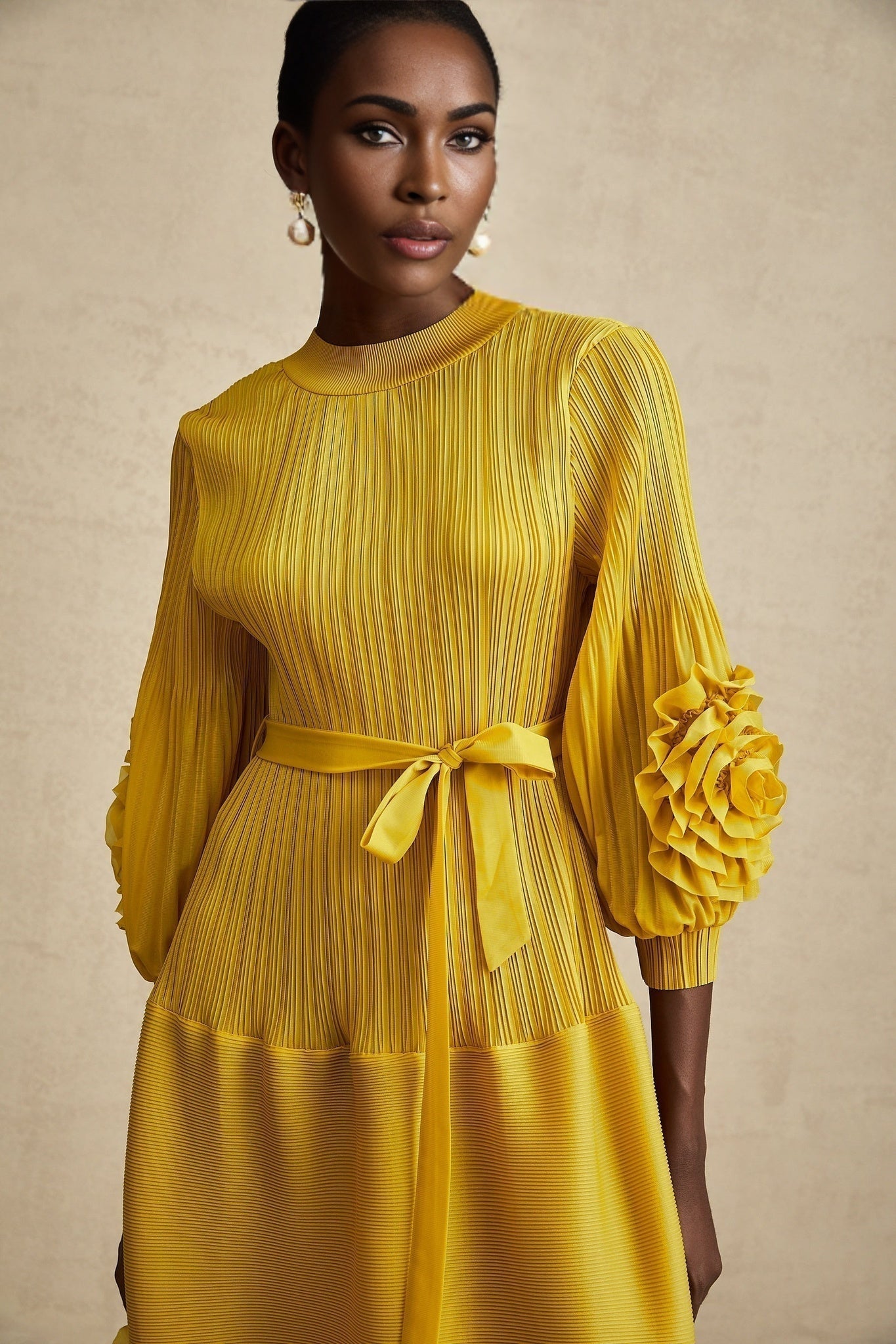 Mirella Midi Dress Yellow 3D Petal Ruffled Design