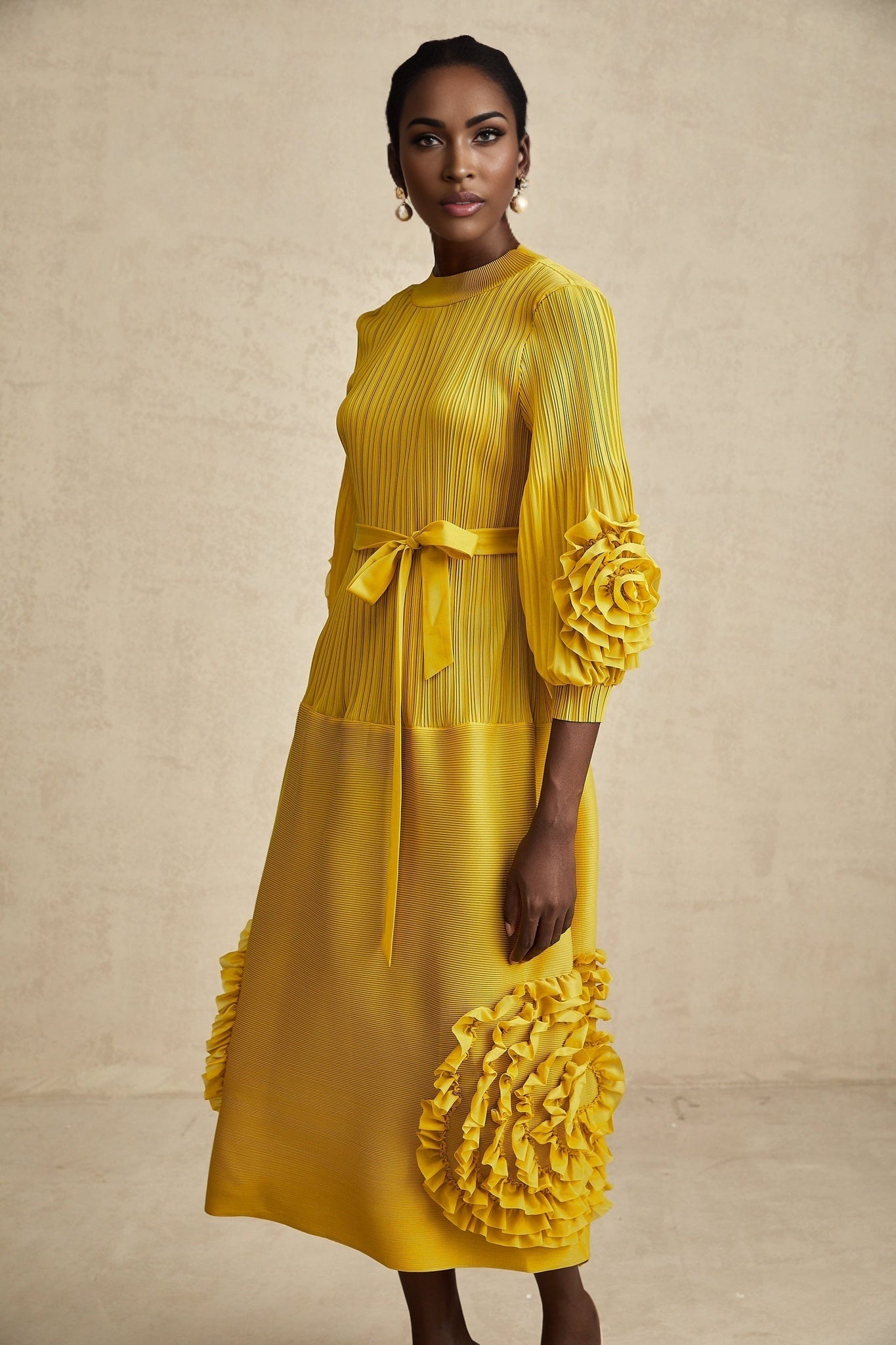 Mirella Midi Dress Yellow 3D Petal Ruffled Design