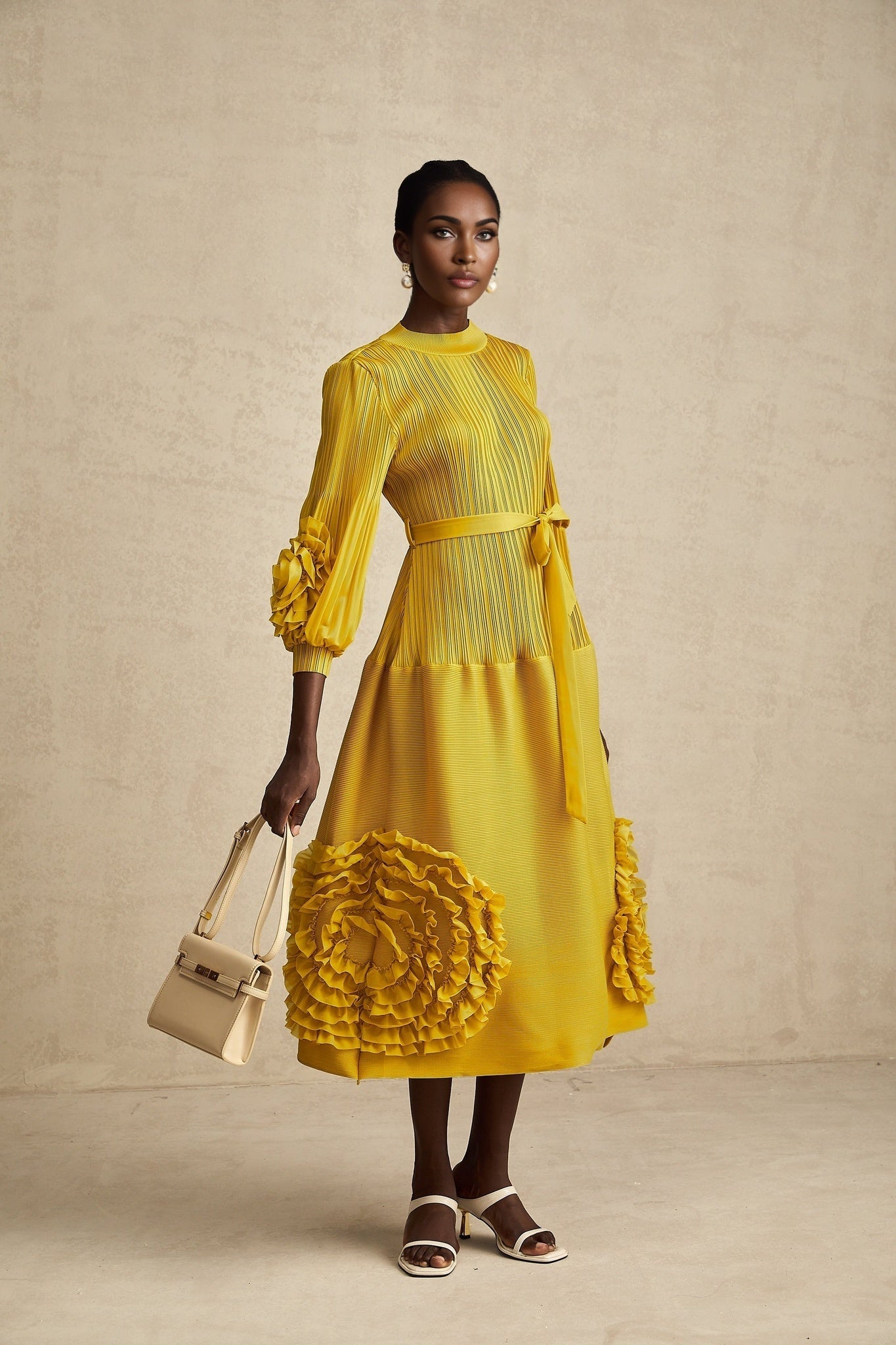 Mirella Midi Dress Yellow 3D Petal Ruffled Design