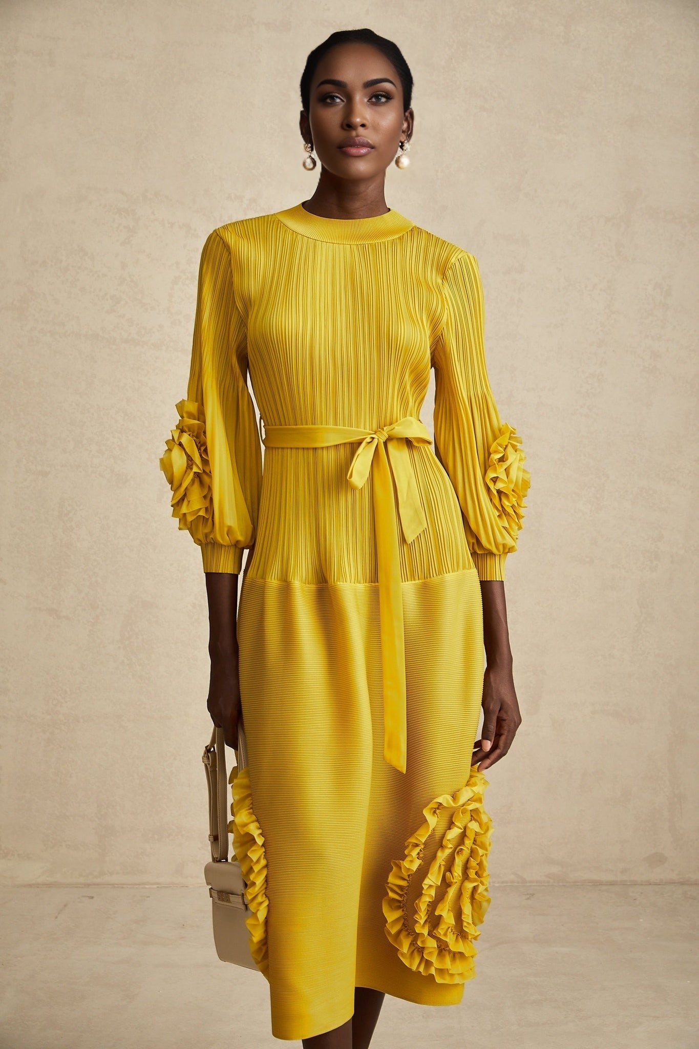 Mirella Midi Dress Yellow 3D Petal Ruffled Design
