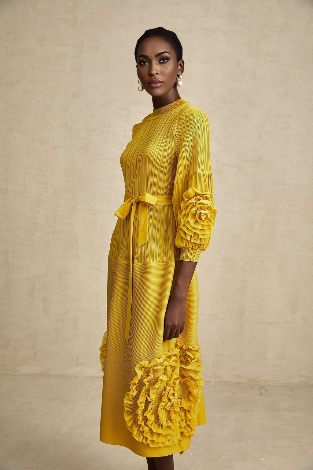 Mirella Midi Dress Yellow 3D Petal Ruffled Design