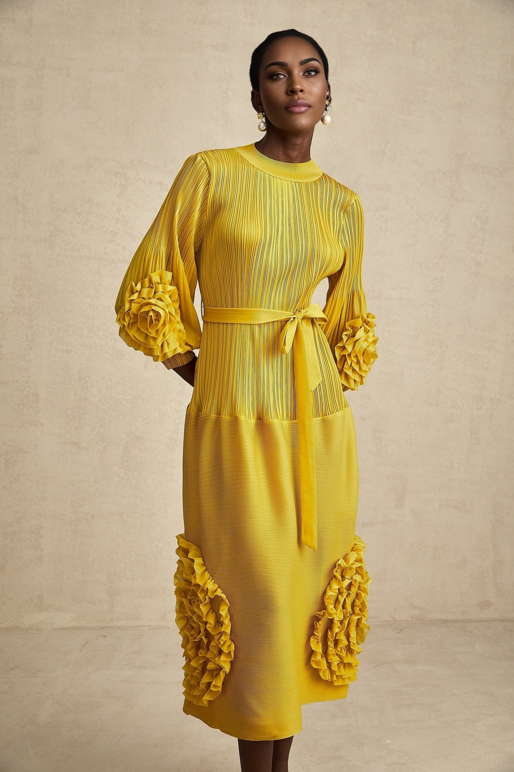 Mirella Midi Dress Yellow 3D Petal Ruffled Design