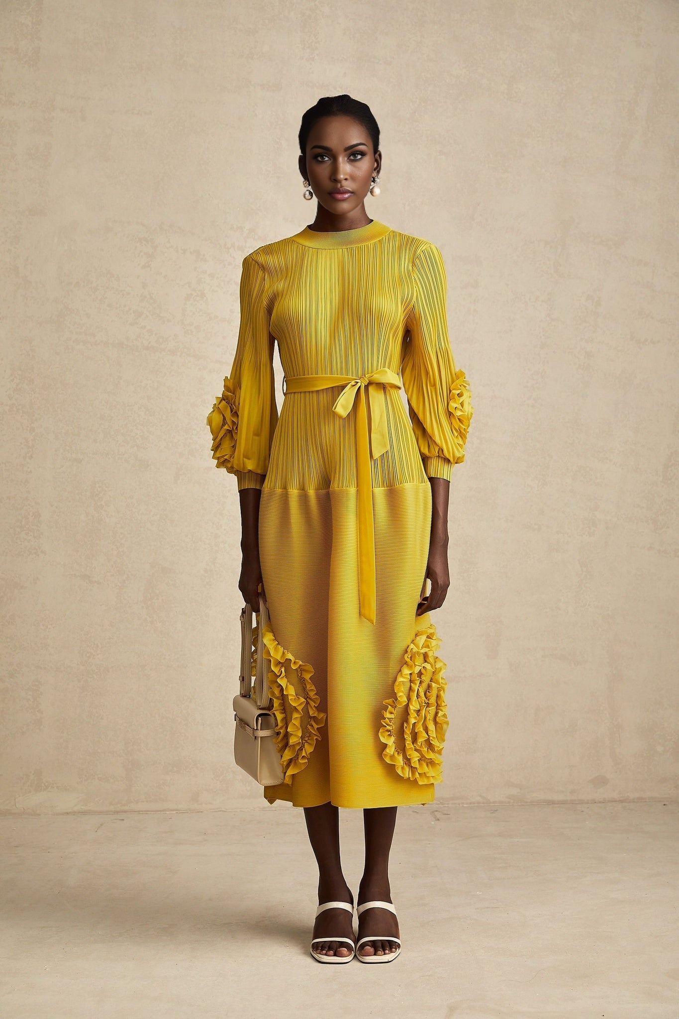 Mirella Midi Dress Yellow 3D Petal Ruffled Design