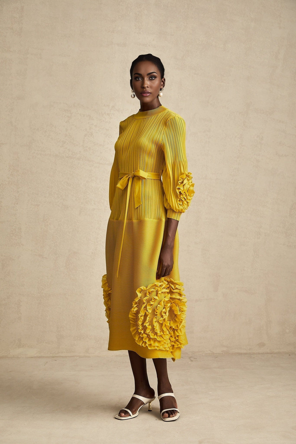 Mirella Midi Dress Yellow 3D Petal Ruffled Design