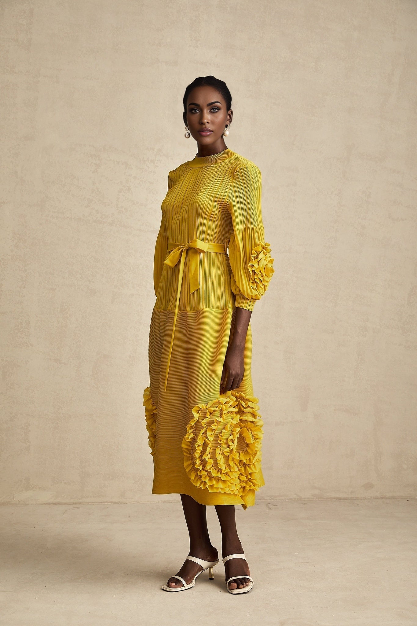 Mirella Midi Dress Yellow 3D Petal Ruffled Design
