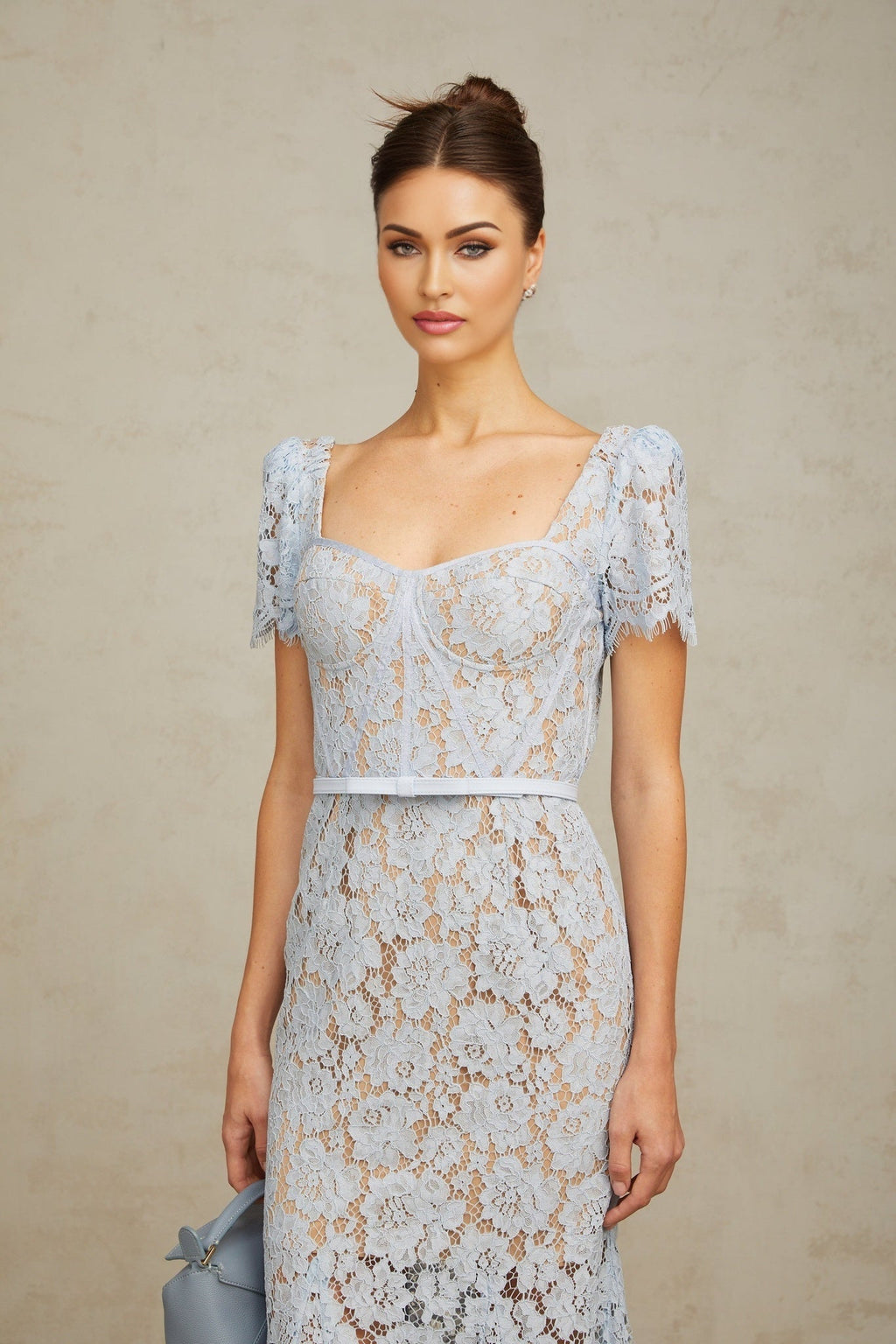 Miriam Floral Midi Dress in Vibrant Blue with Sweetheart Neckline & Scalloped Trim