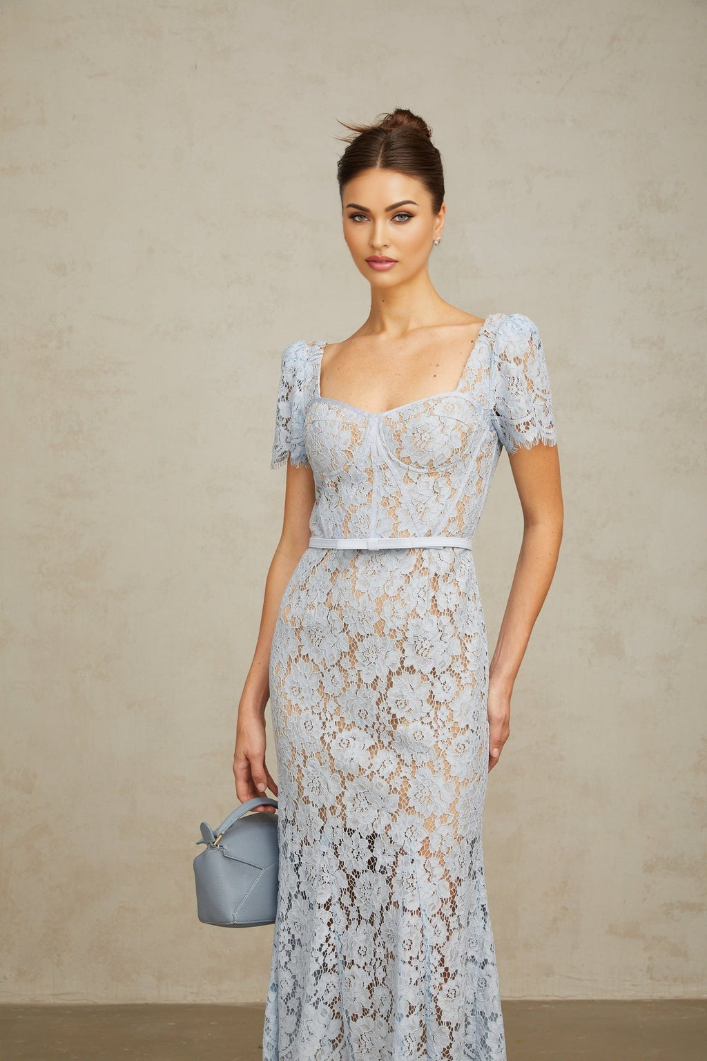 Miriam Floral Midi Dress in Vibrant Blue with Sweetheart Neckline & Scalloped Trim