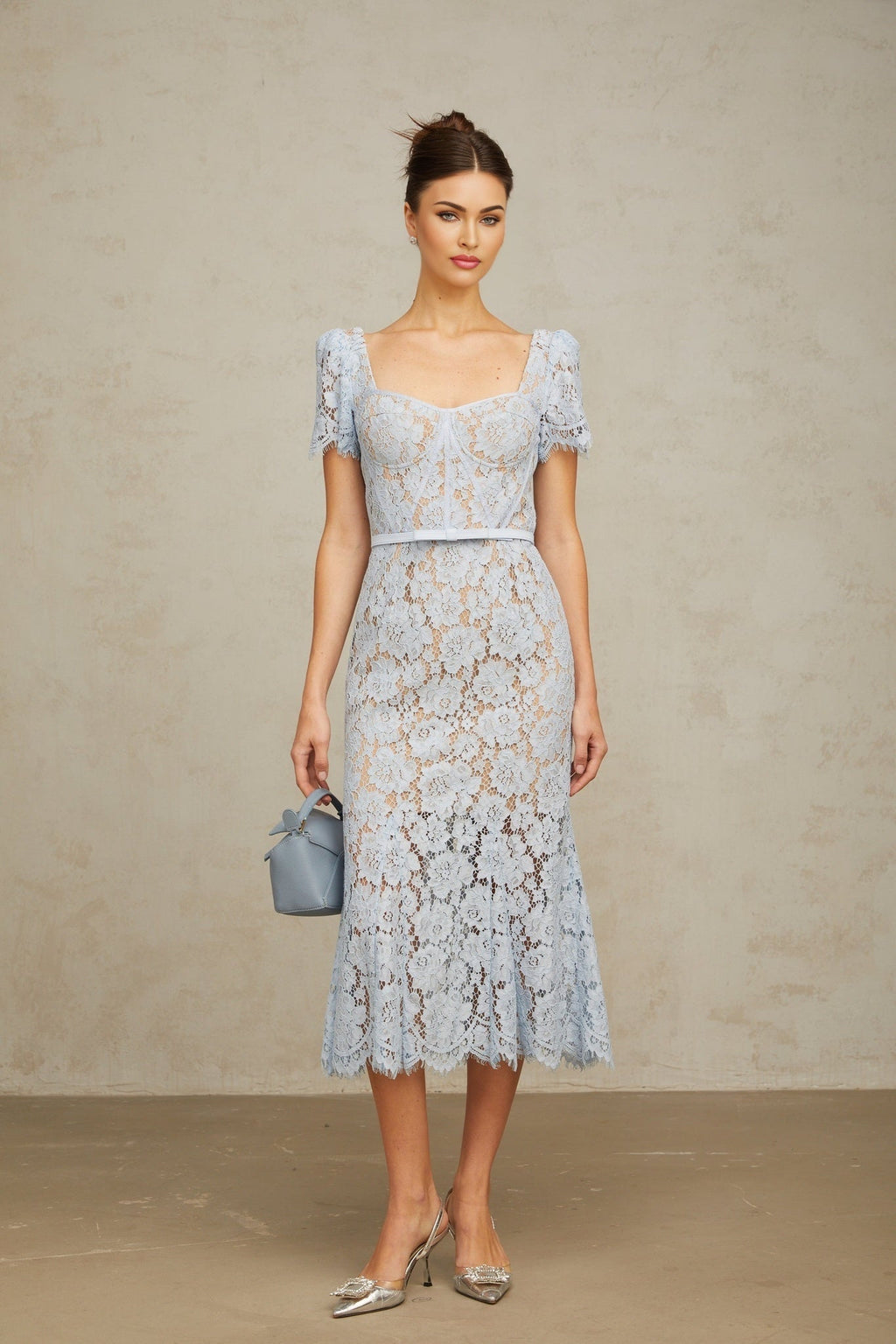 Miriam Floral Midi Dress in Vibrant Blue with Sweetheart Neckline & Scalloped Trim