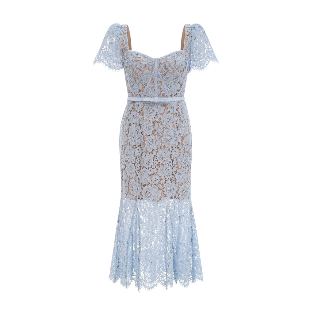 Miriam Floral Midi Dress in Vibrant Blue with Sweetheart Neckline & Scalloped Trim