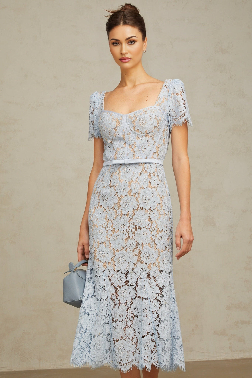 Miriam Floral Midi Dress in Vibrant Blue with Sweetheart Neckline & Scalloped Trim