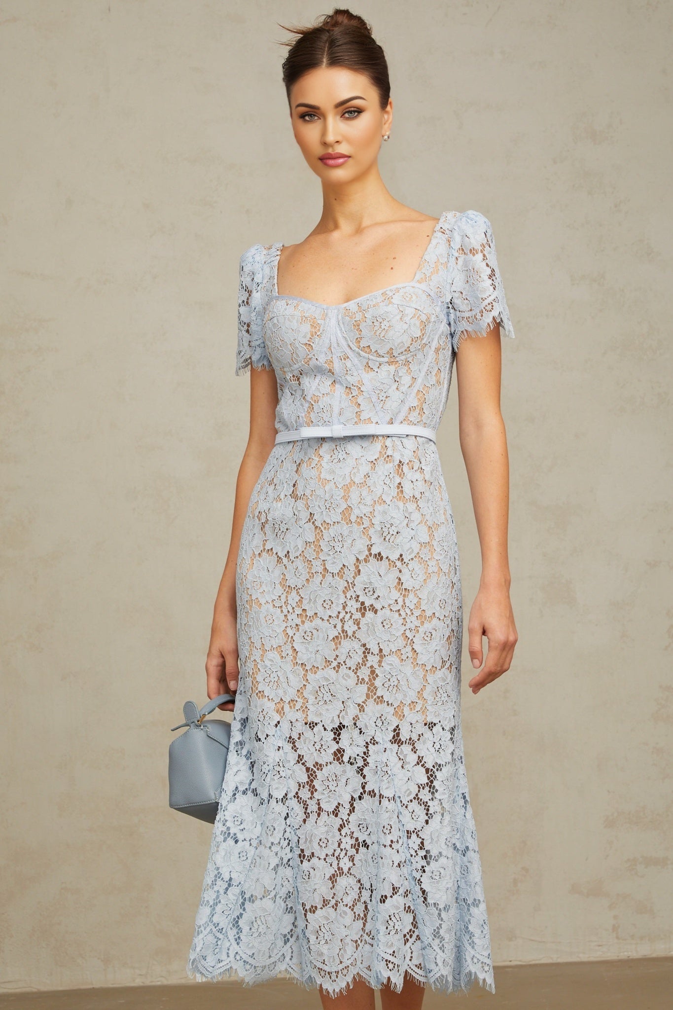 Miriam Floral Midi Dress in Vibrant Blue with Sweetheart Neckline & Scalloped Trim