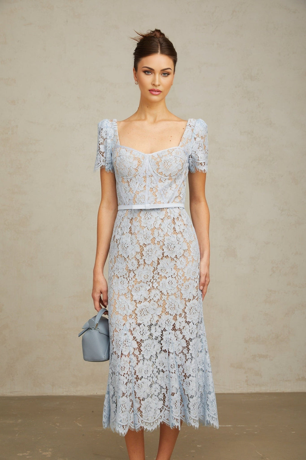 Miriam Floral Midi Dress in Vibrant Blue with Sweetheart Neckline & Scalloped Trim