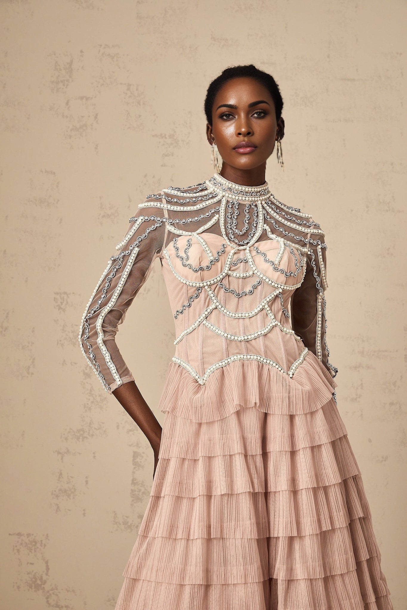 Monica Gown Pink Bead Tiered Sheer & Boned Crew Neck Ankle - Length