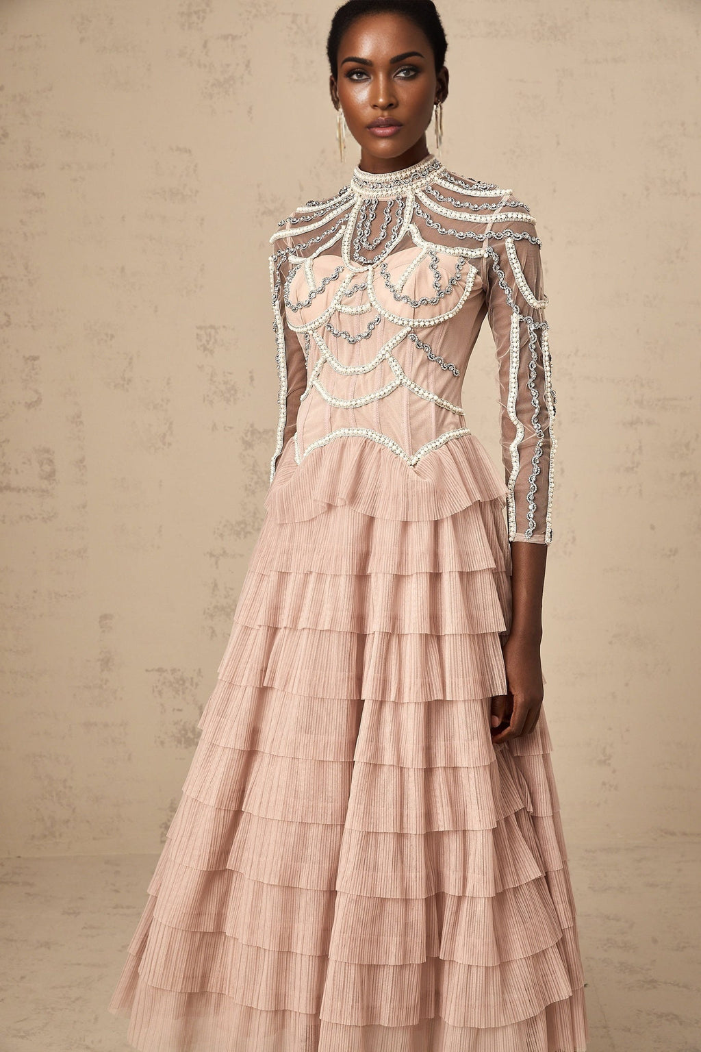 Monica Gown Pink Bead Tiered Sheer & Boned Crew Neck Ankle - Length