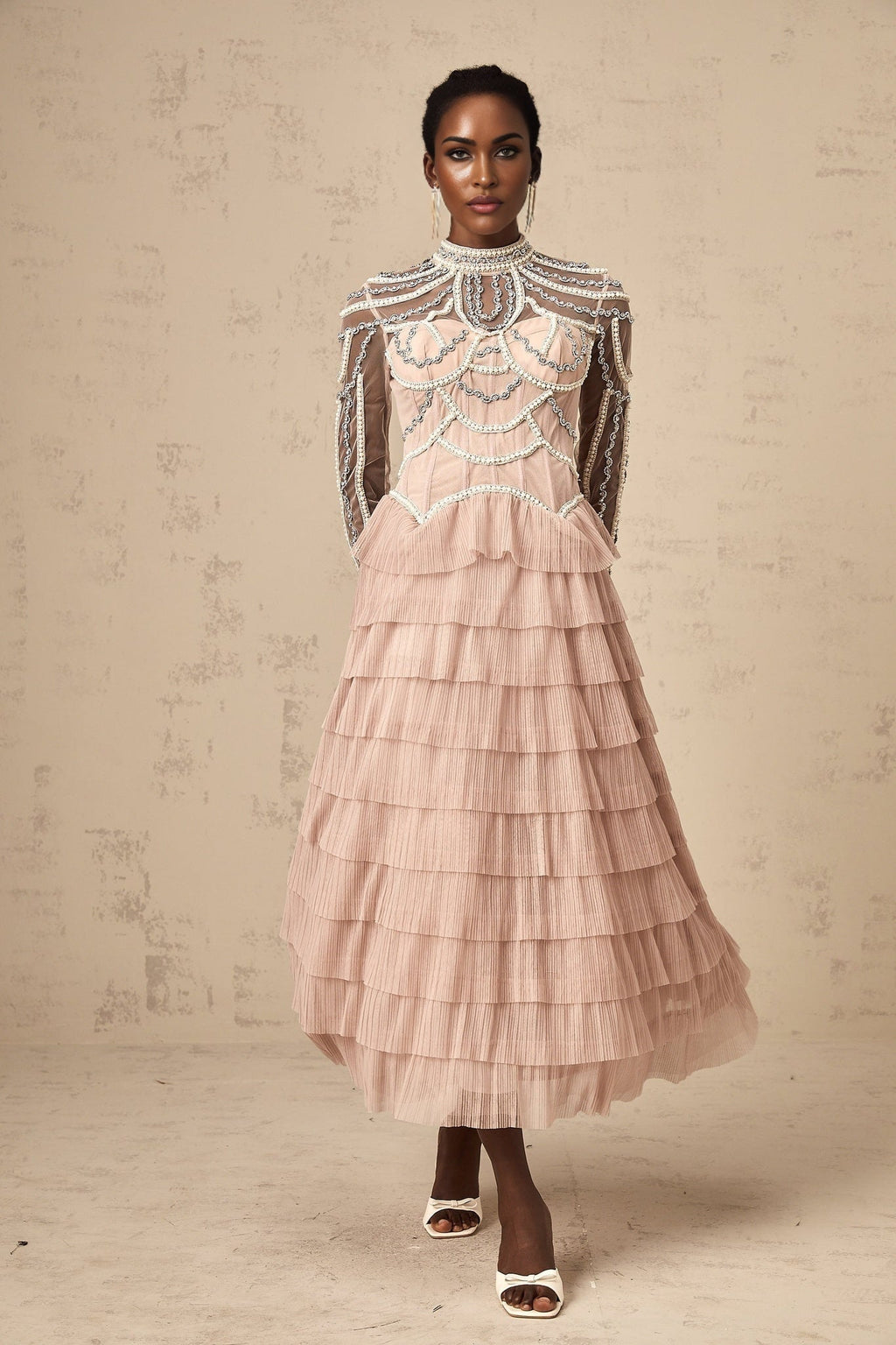 Monica Gown Pink Bead Tiered Sheer & Boned Crew Neck Ankle - Length