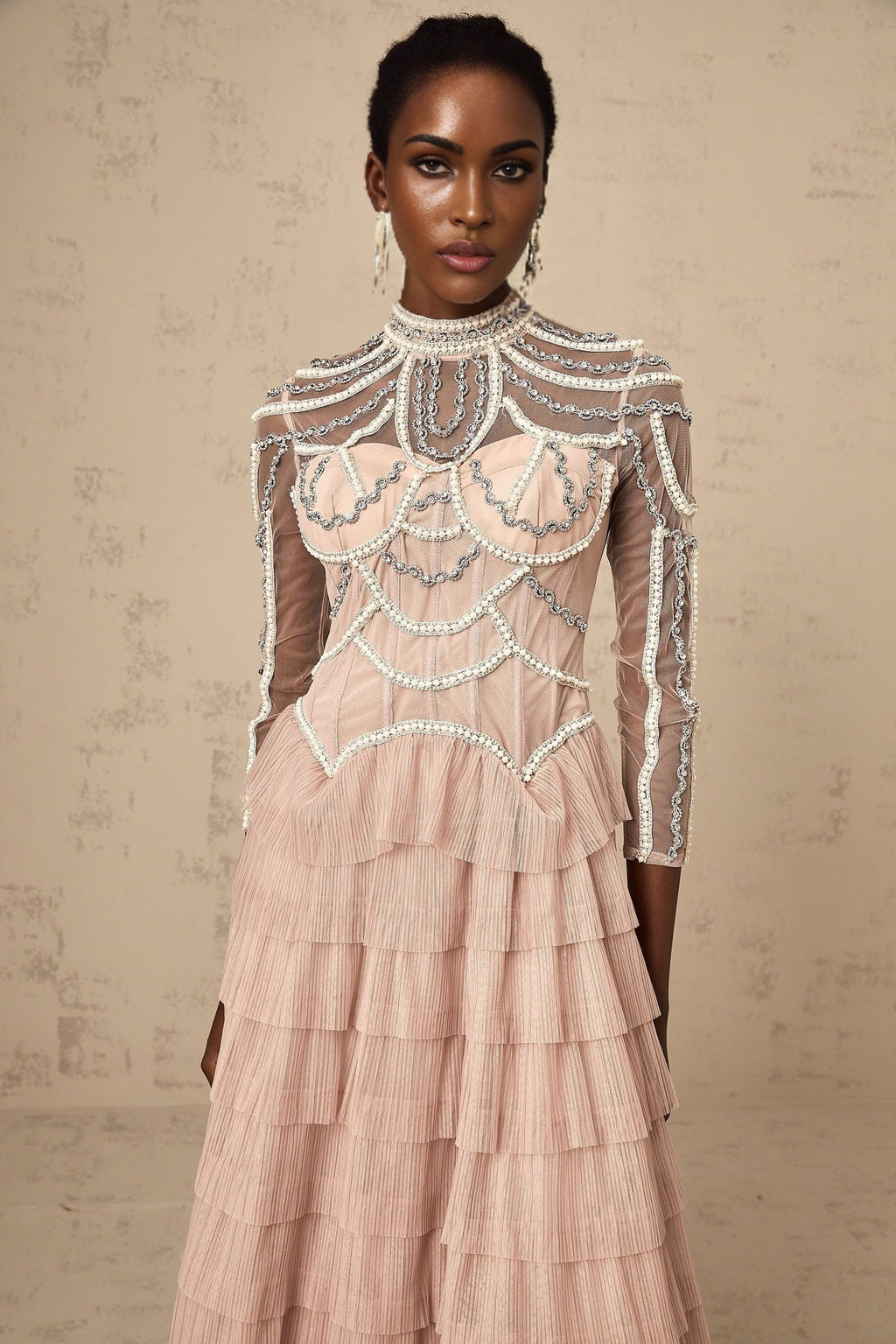 Monica Gown Pink Bead Tiered Sheer & Boned Crew Neck Ankle - Length