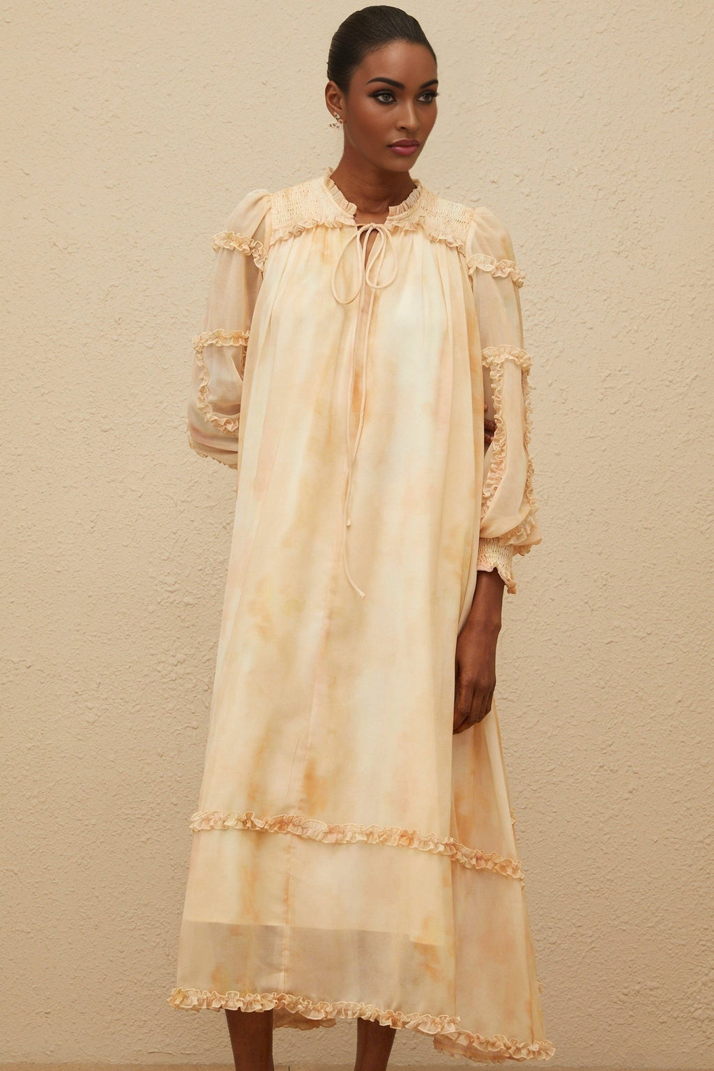 Monica Midi Dress - Frilled Neck - Tie - Dye Print - Ruffled Trim - Shirred Effect - Smocked Panel