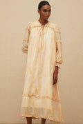 Monica Midi Dress - Frilled Neck - Tie - Dye Print - Ruffled Trim - Shirred Effect - Smocked Panel
