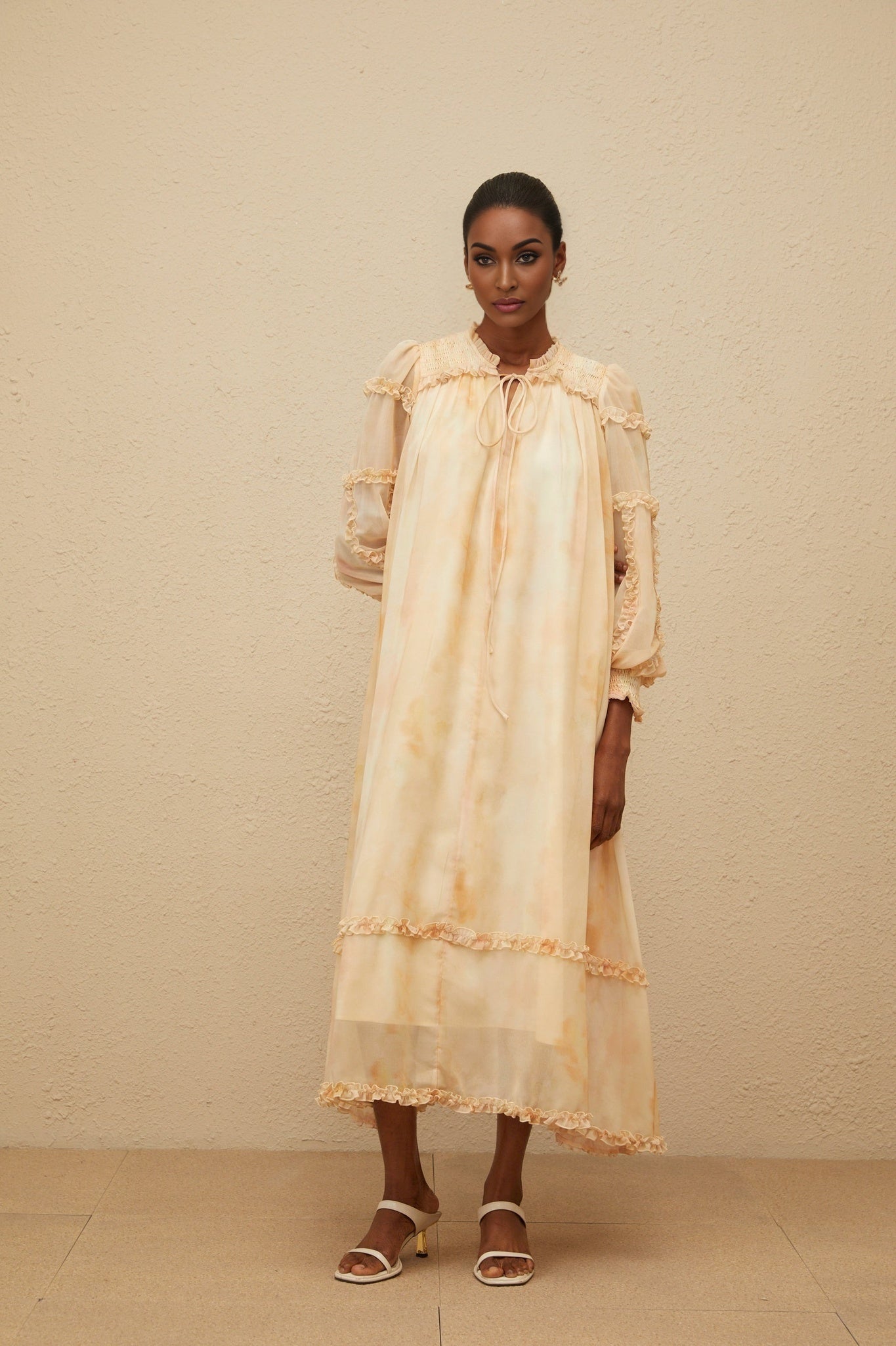 Monica Midi Dress - Frilled Neck - Tie - Dye Print - Ruffled Trim - Shirred Effect - Smocked Panel
