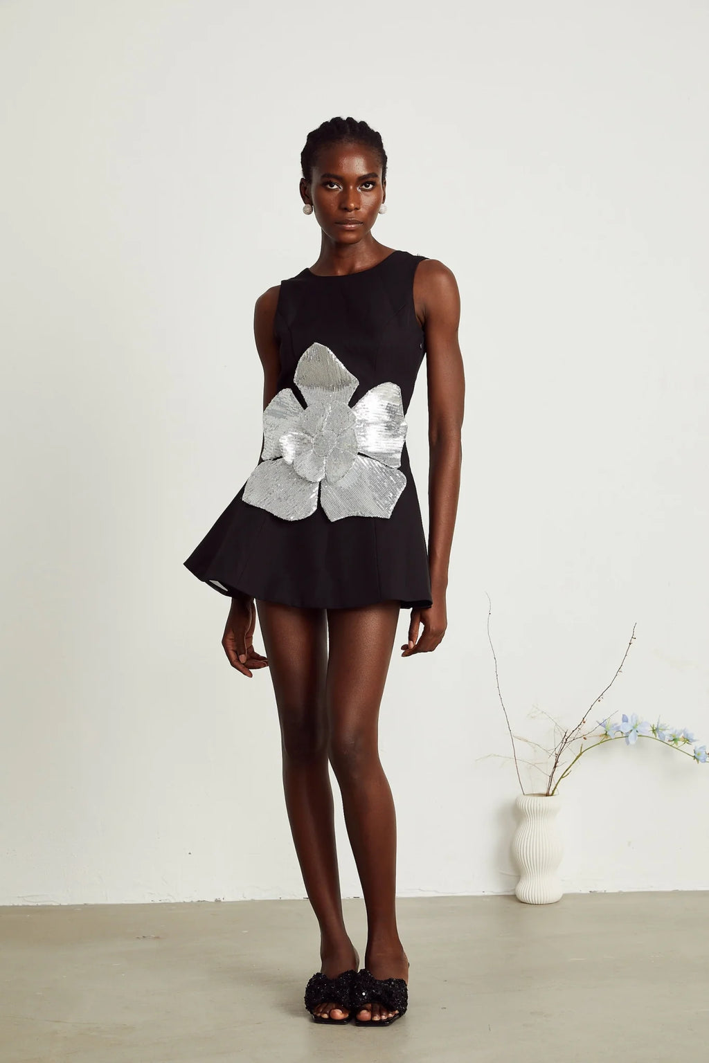 Monica Mini Dress Black Sequin Floral ALine Open Back