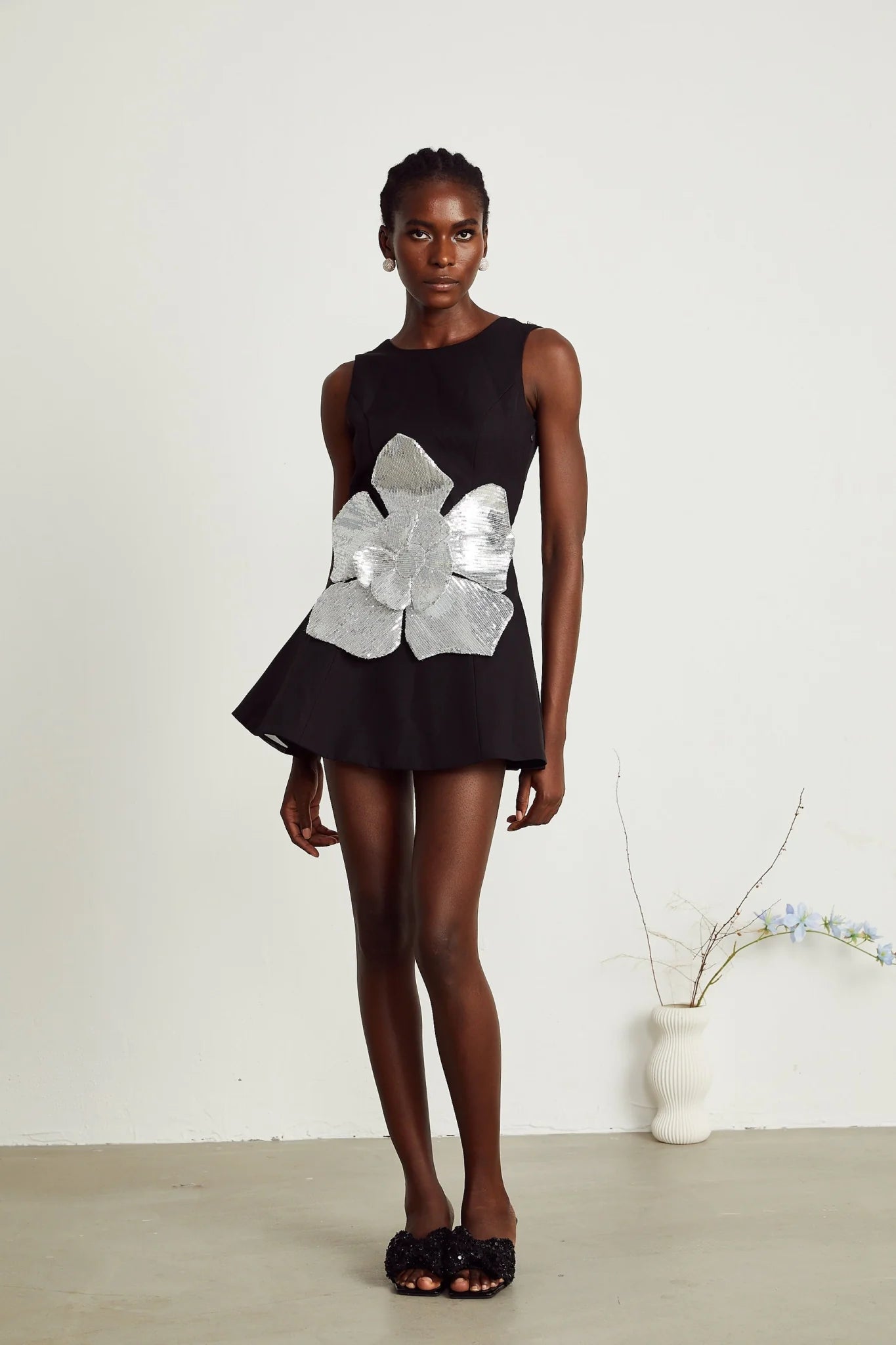 Monica Mini Dress Black Sequin Floral ALine Open Back