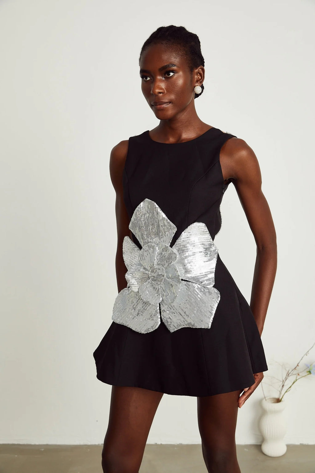 Monica Mini Dress Black Sequin Floral ALine Open Back